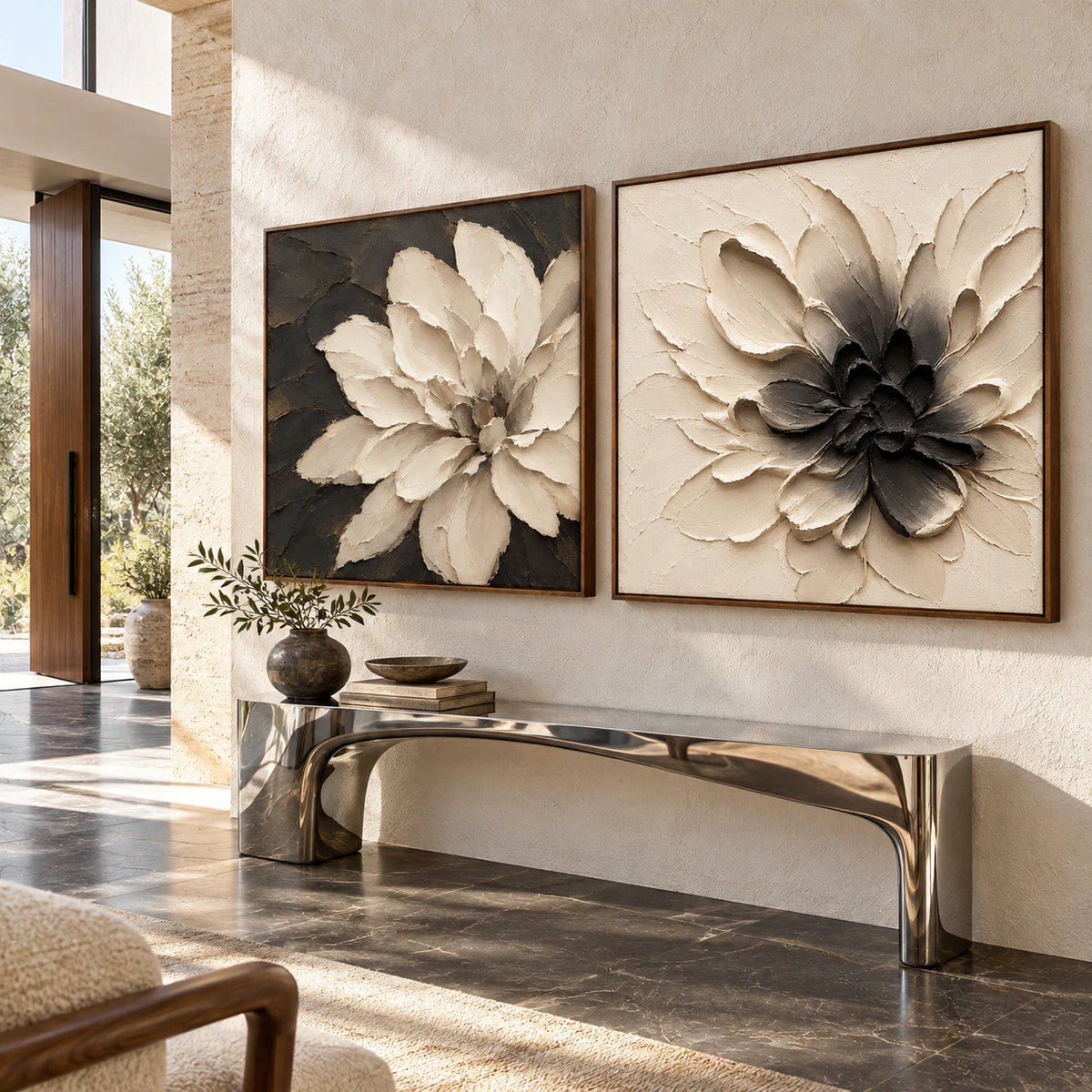 Nocturne-Bloom diptych at gallery scale in an open foyer.
