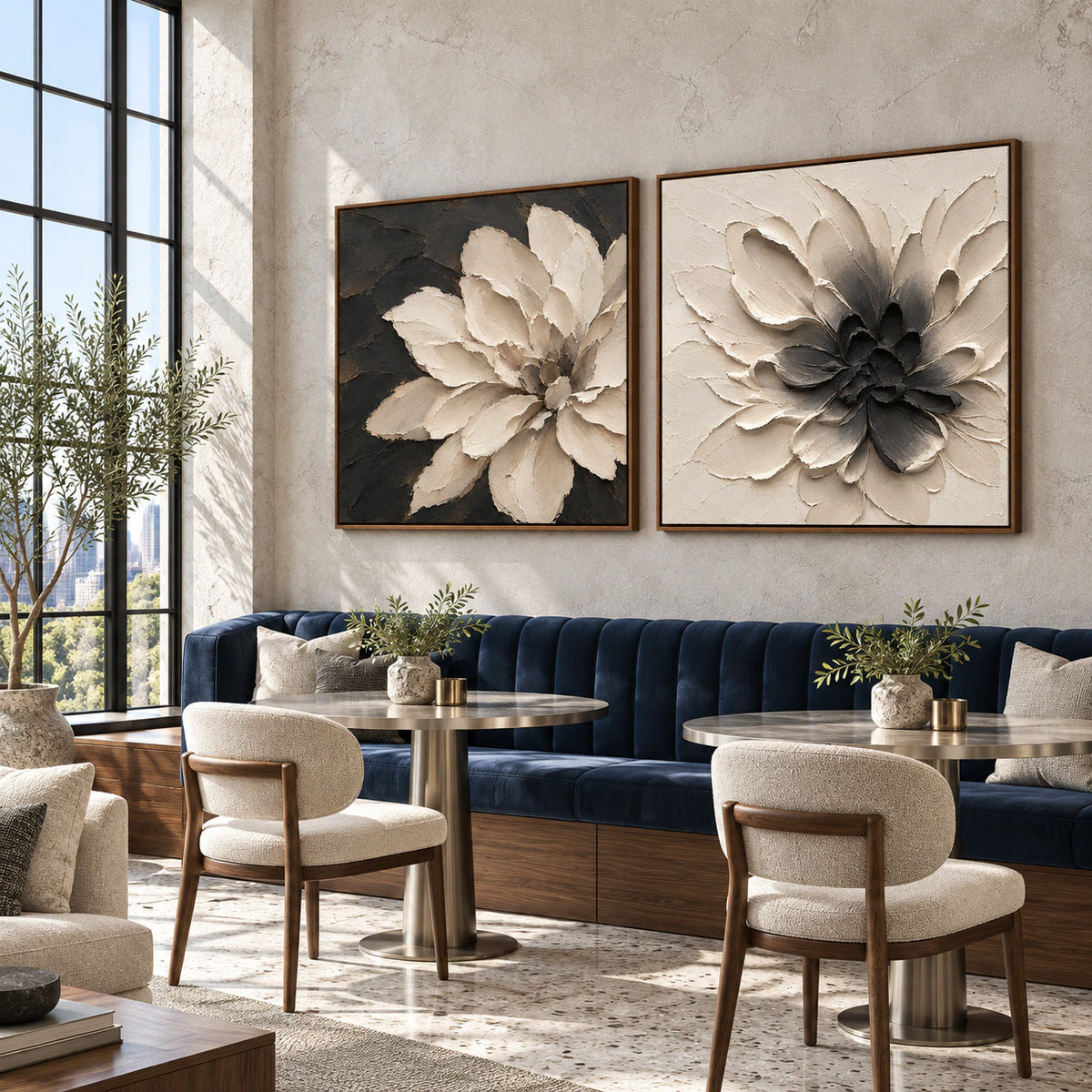 Nocturne-Bloom diptych in a spacious daylight loft hospitality interior.
