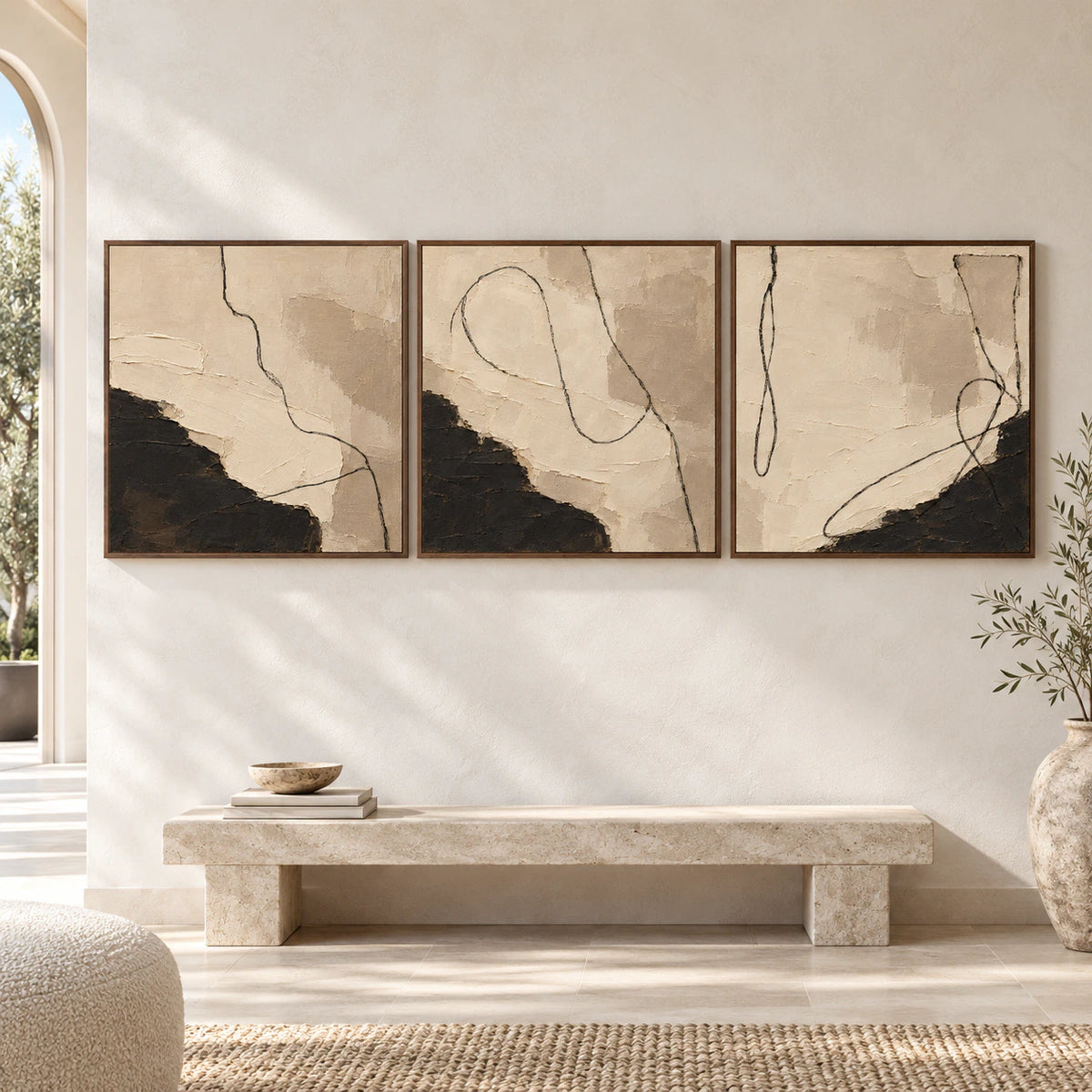 Large straight-on gallery view of the Noir-Calligraphy three-canvas triptych in slim walnut frames.