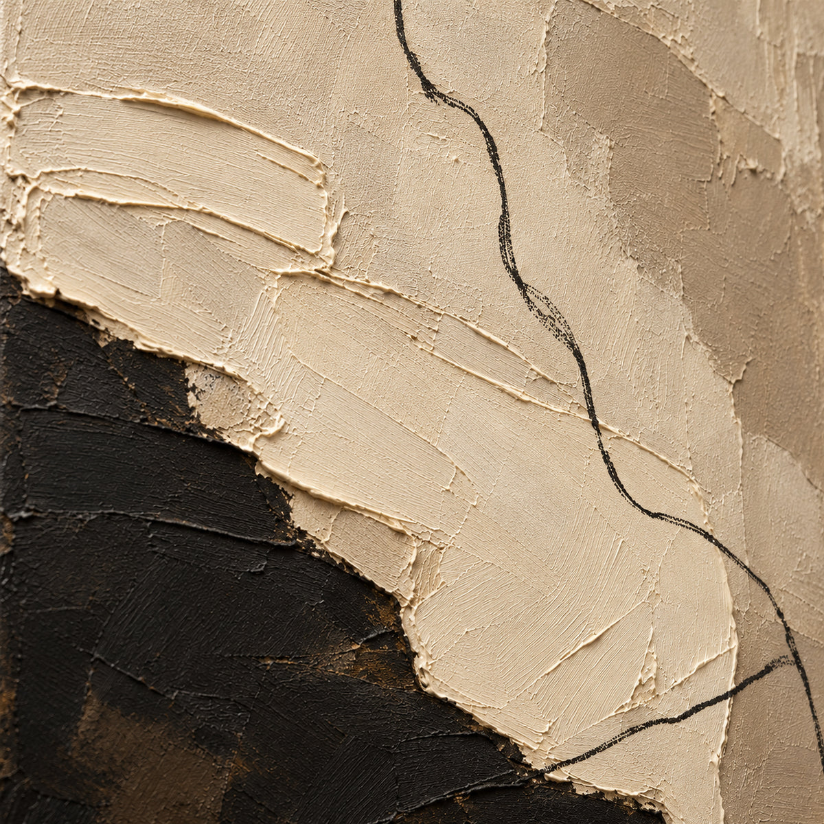 Noir-Calligraphy oil painting brushwork and impasto detail photographed from an oblique side angle