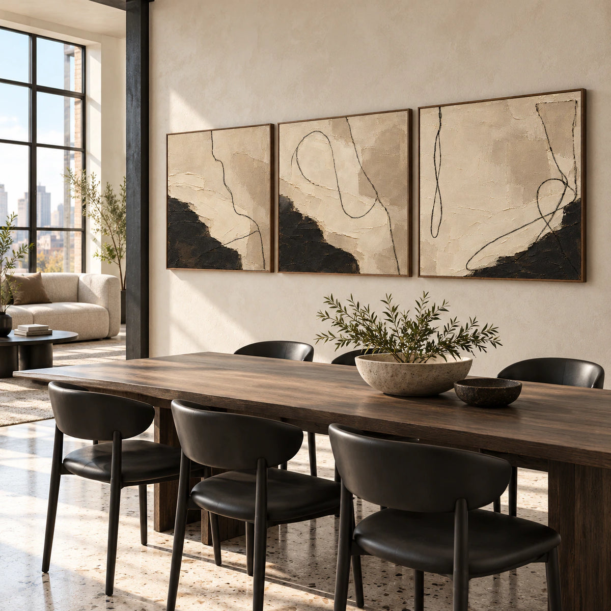 Noir-Calligraphy triptych in a refined daylight dining room.