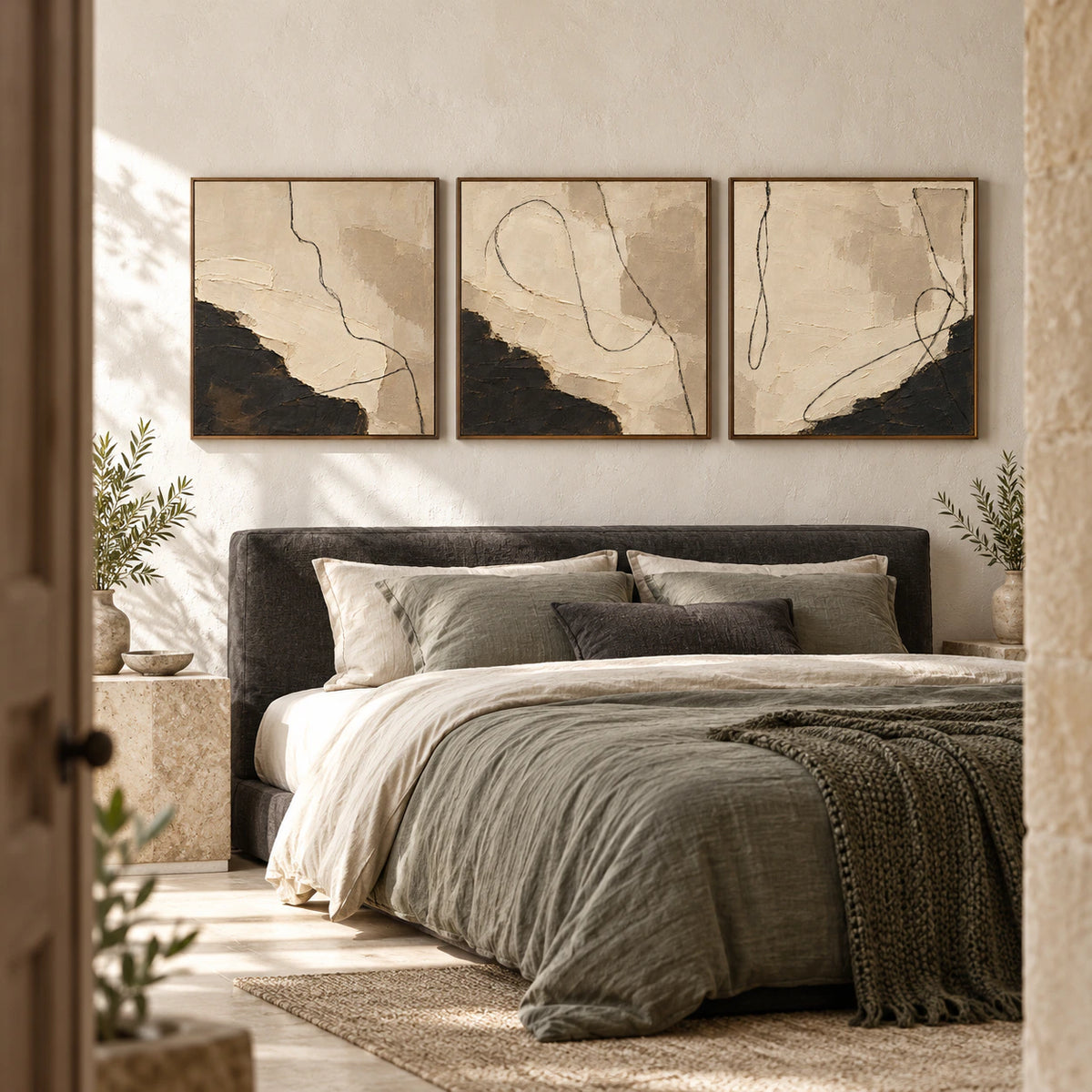 Noir-Calligraphy triptych above a low bed in a quiet, light-filled bedroom.