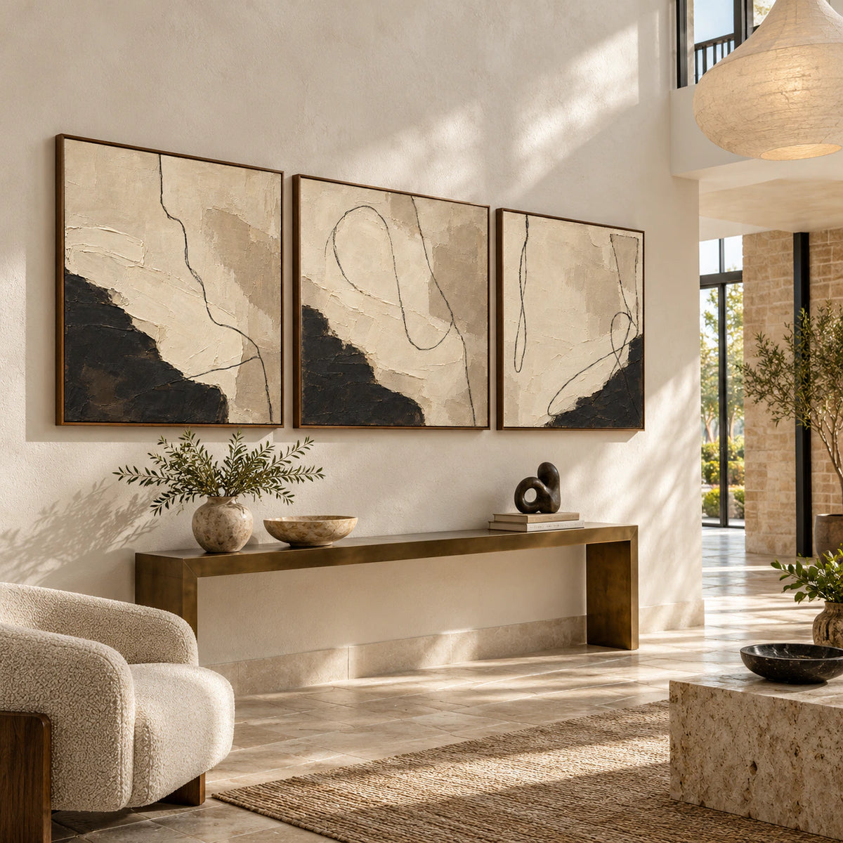 Noir-Calligraphy triptych at gallery scale in a bright architectural foyer.