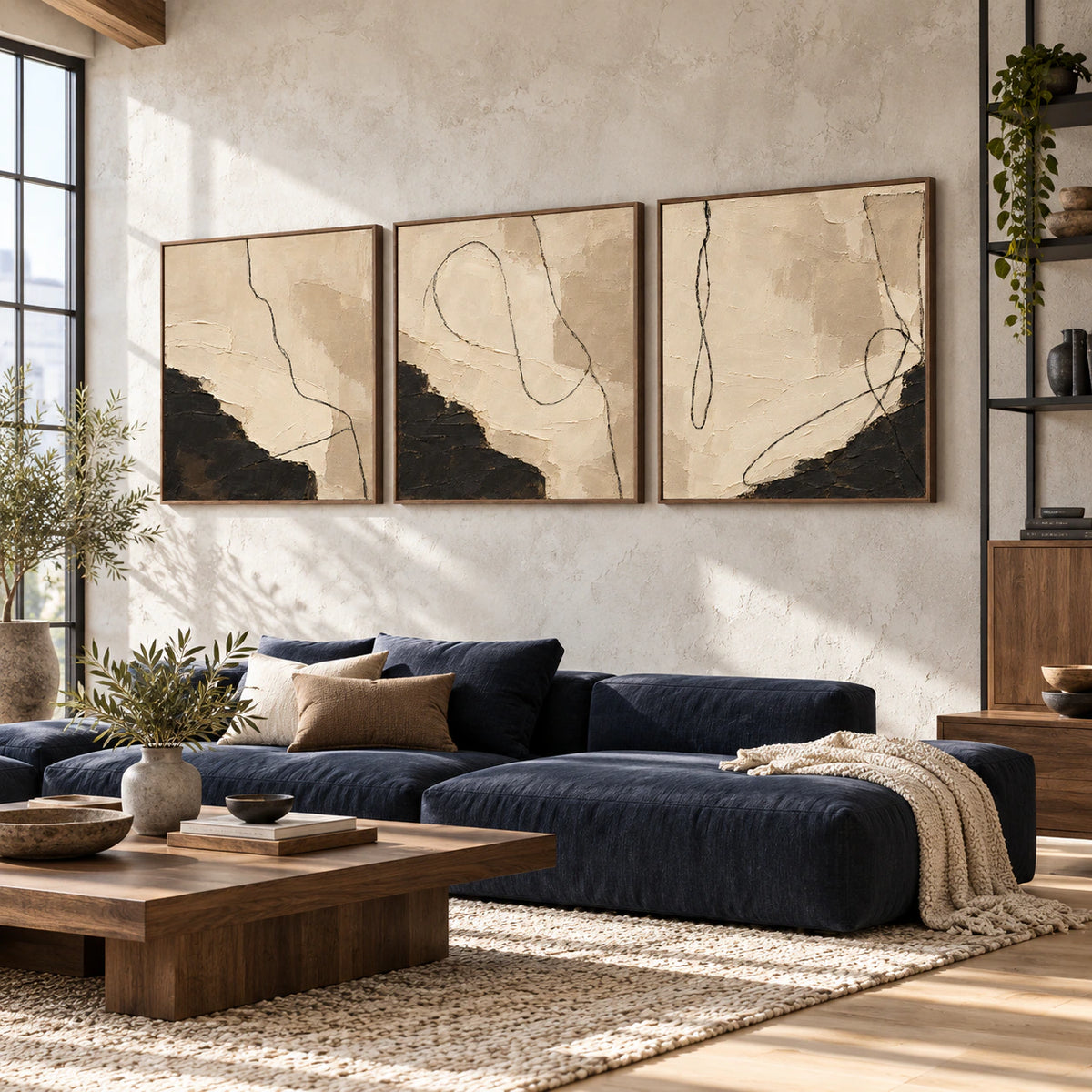 Noir-Calligraphy triptych in an expansive daylight hospitality loft interior.