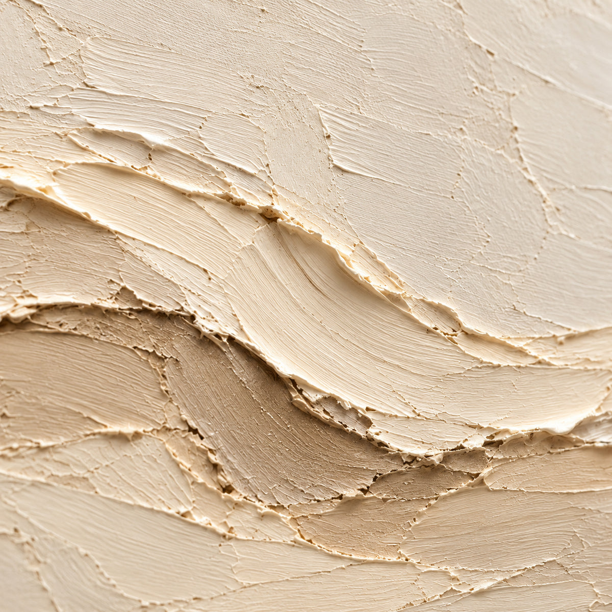 Close detail of Oatmeal-Fold oil painting from an oblique side angle, with grazing light revealing raised ivory bands, fine marks and shallow shadows.