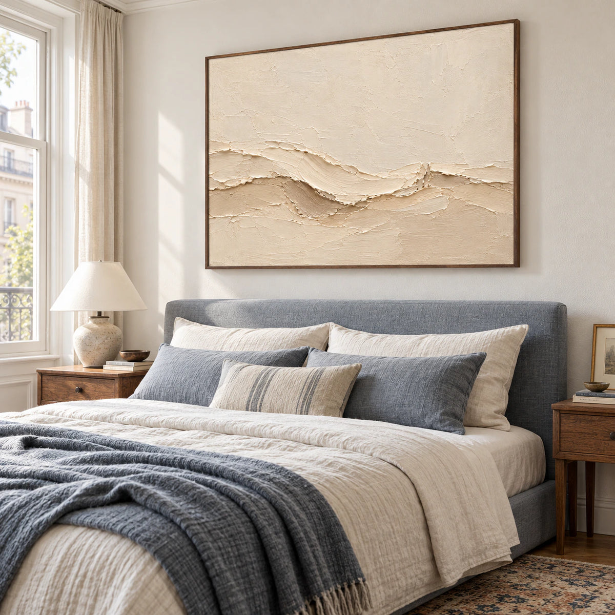 Warm ivory painting with raised sweeping bands above a muted blue-gray upholstered bed in a bright bedroom, viewed from a low left angle.