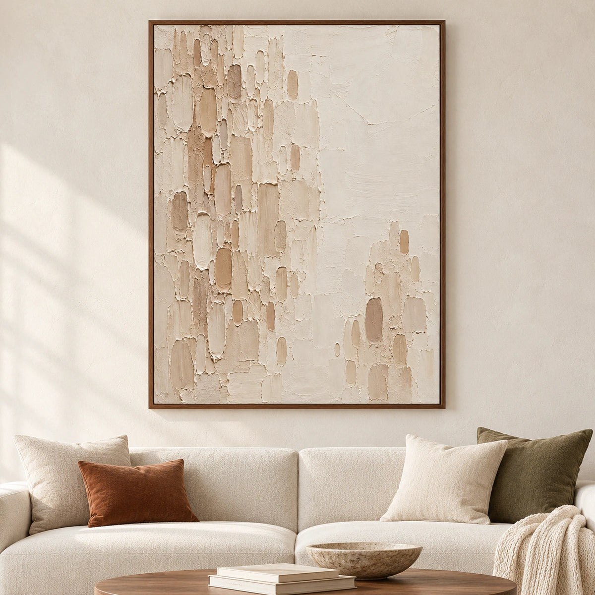 Large vertical Oatmeal-Recess painting centered on a pale plaster wall in a spacious, bright living room, viewed straight-on with restrained furnishings.