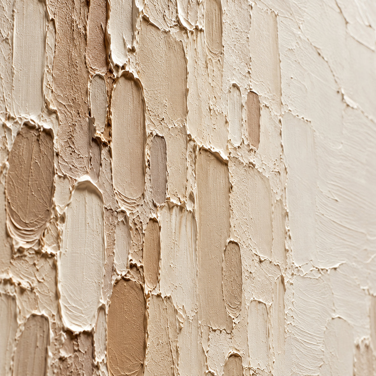 Close oblique detail of Oatmeal-Recess oil painting, with grazing light revealing raised paint, rounded strokes and shallow shadows across the ivory and beige surface.