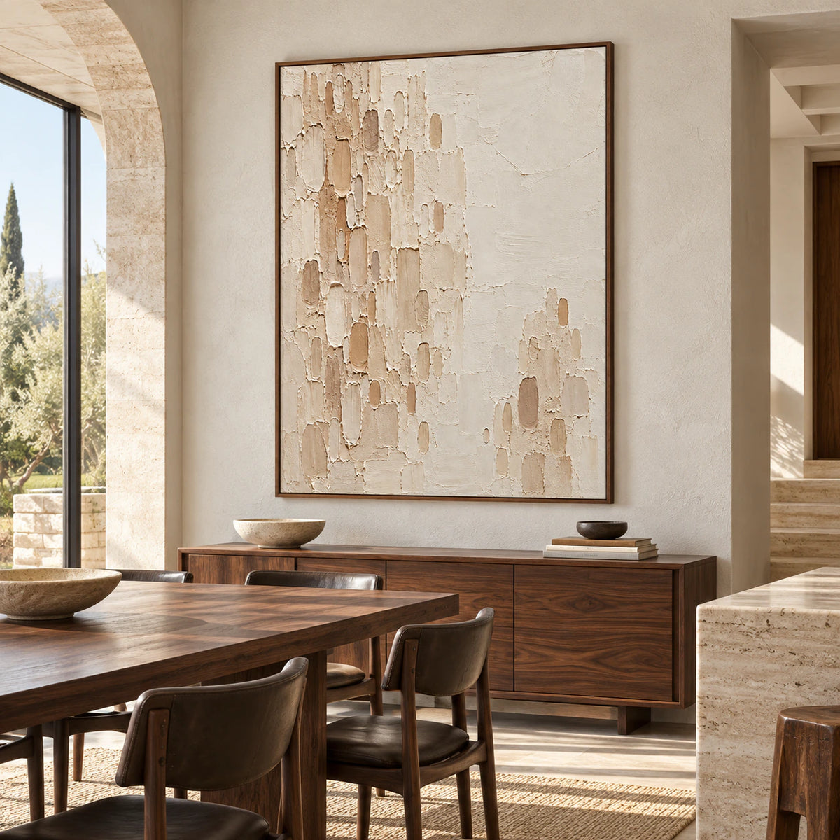 Large vertical Oatmeal-Recess painting above a dark walnut sideboard in a bright dining room with a rectangular table and sculptural dark chairs, viewed from the right.