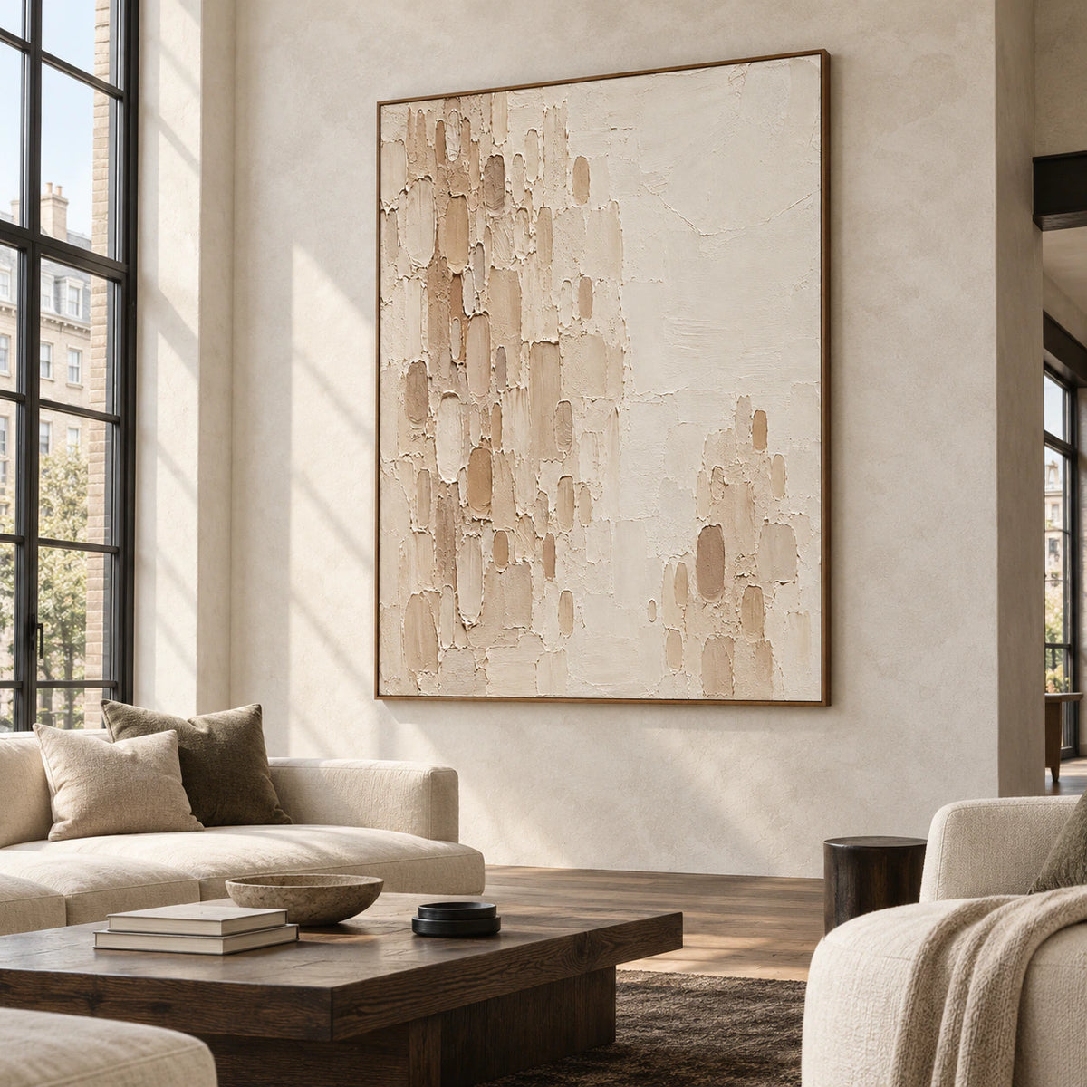 Large vertical Oatmeal-Recess painting on a broad concrete wall in a bright loft with tall industrial windows and black, walnut and cool neutral furnishings, viewed from the right.
