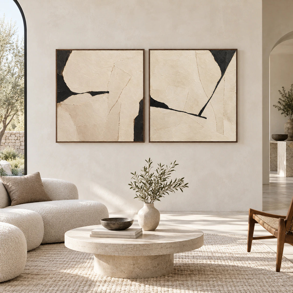 Obsidian-Contour diptych shown large and straight-on in a spacious contemporary interior.
