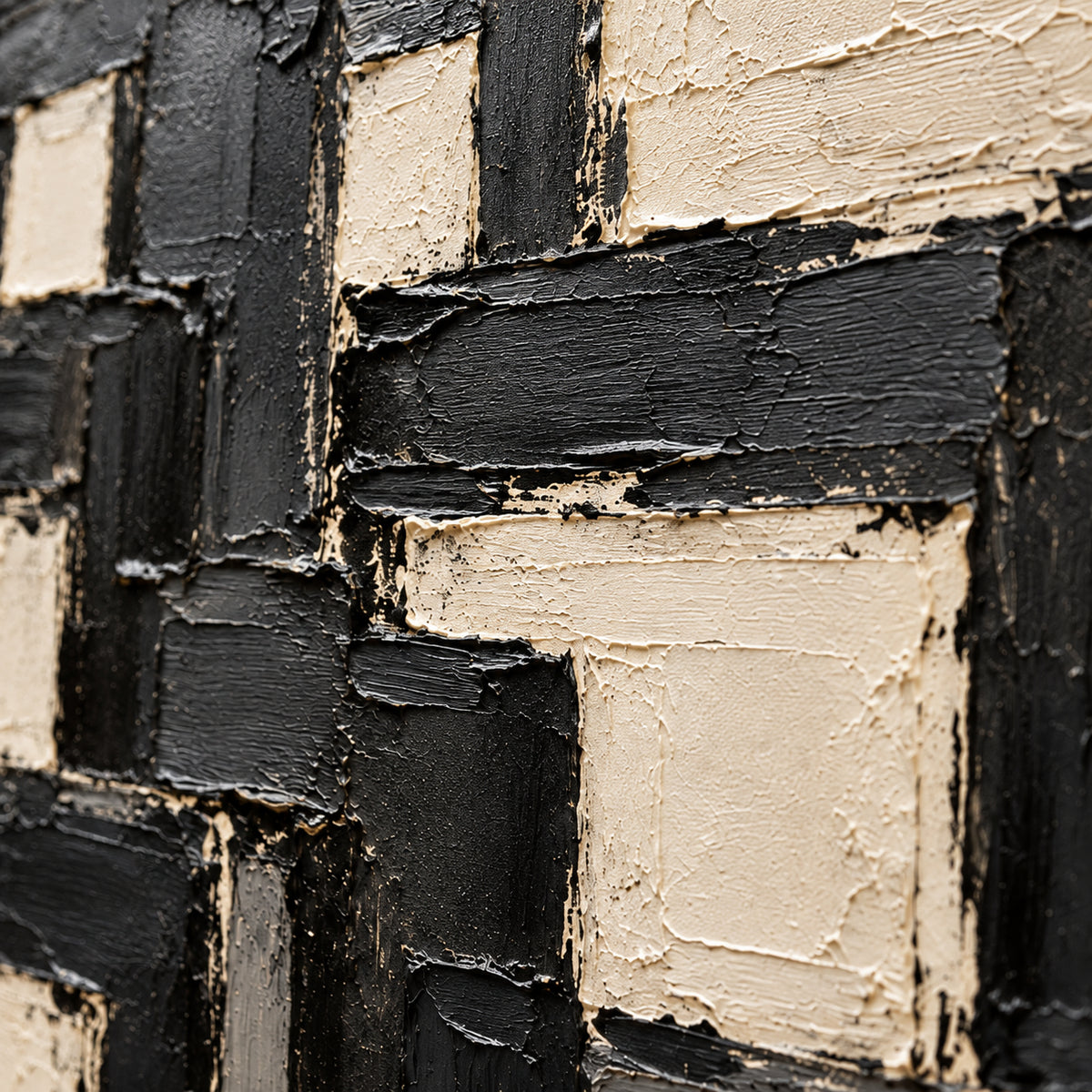 Oblique close-up of the painting's ivory and charcoal impasto, with grazing light revealing raised ridges, rough edges and shallow shadows.