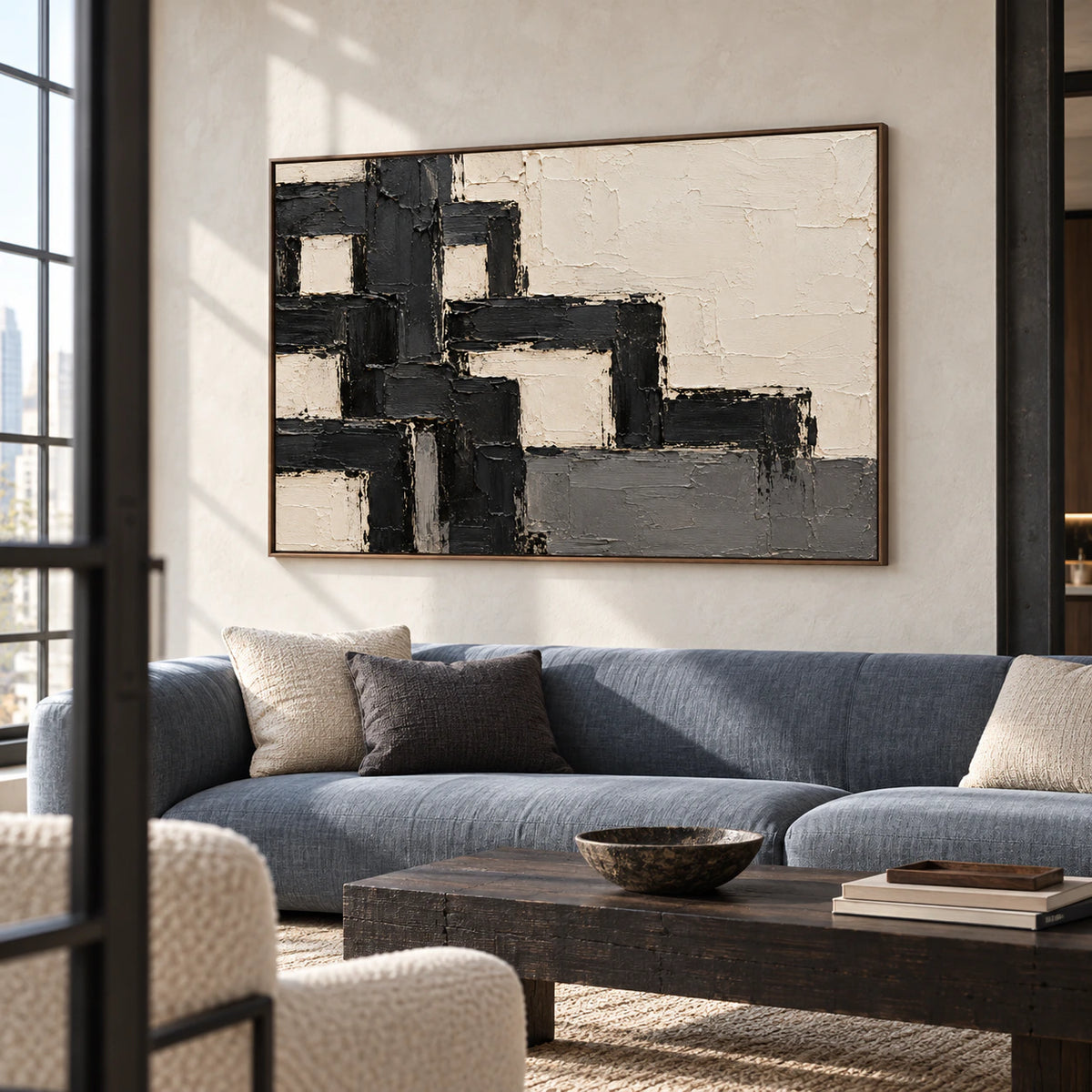 Large ivory and charcoal abstract painting above a low blue-gray sofa, viewed from the left in a bright living room with a dark timber table.