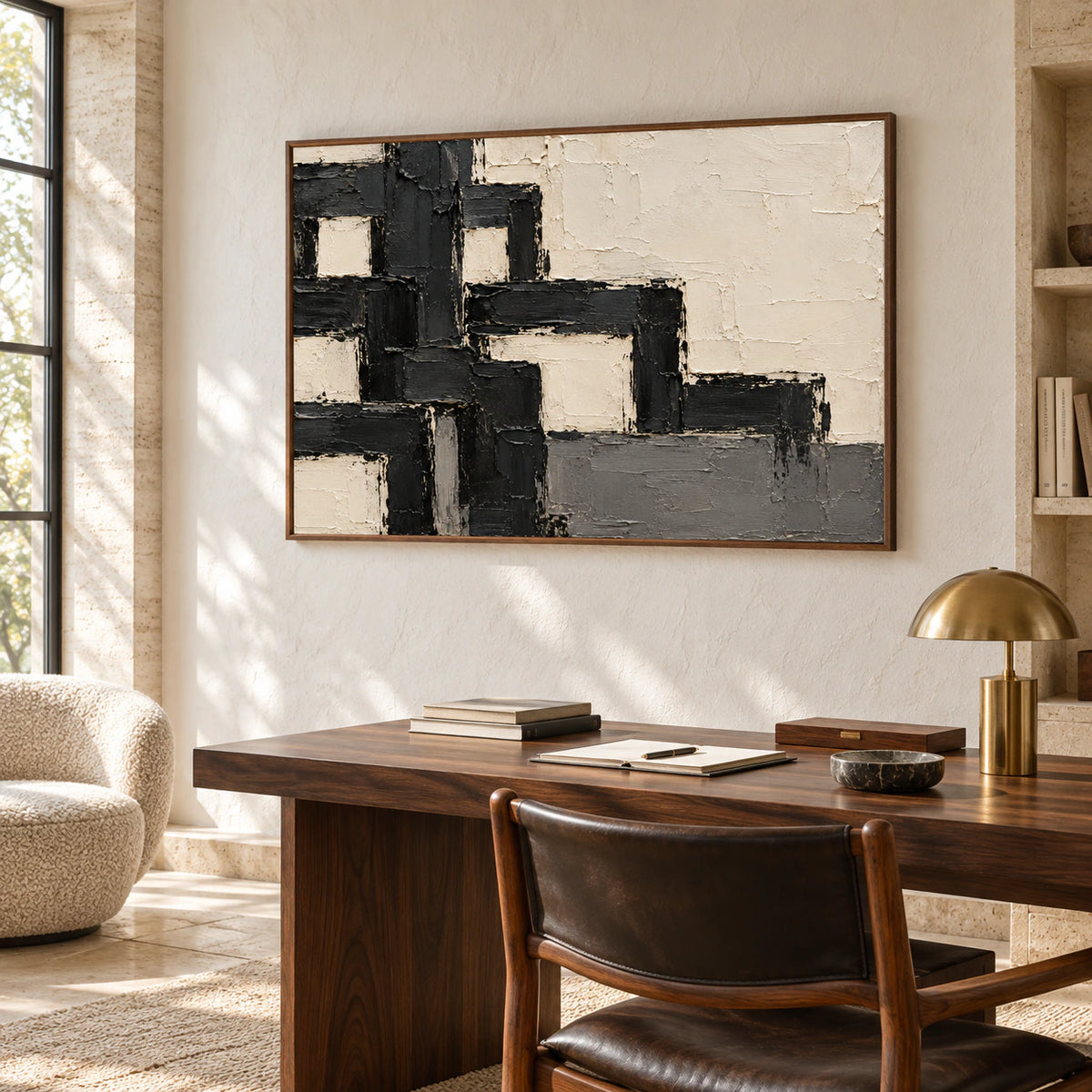 Large ivory and charcoal abstract painting above a dark wood desk, viewed from the right in an airy office with a reading chair and tall side window.