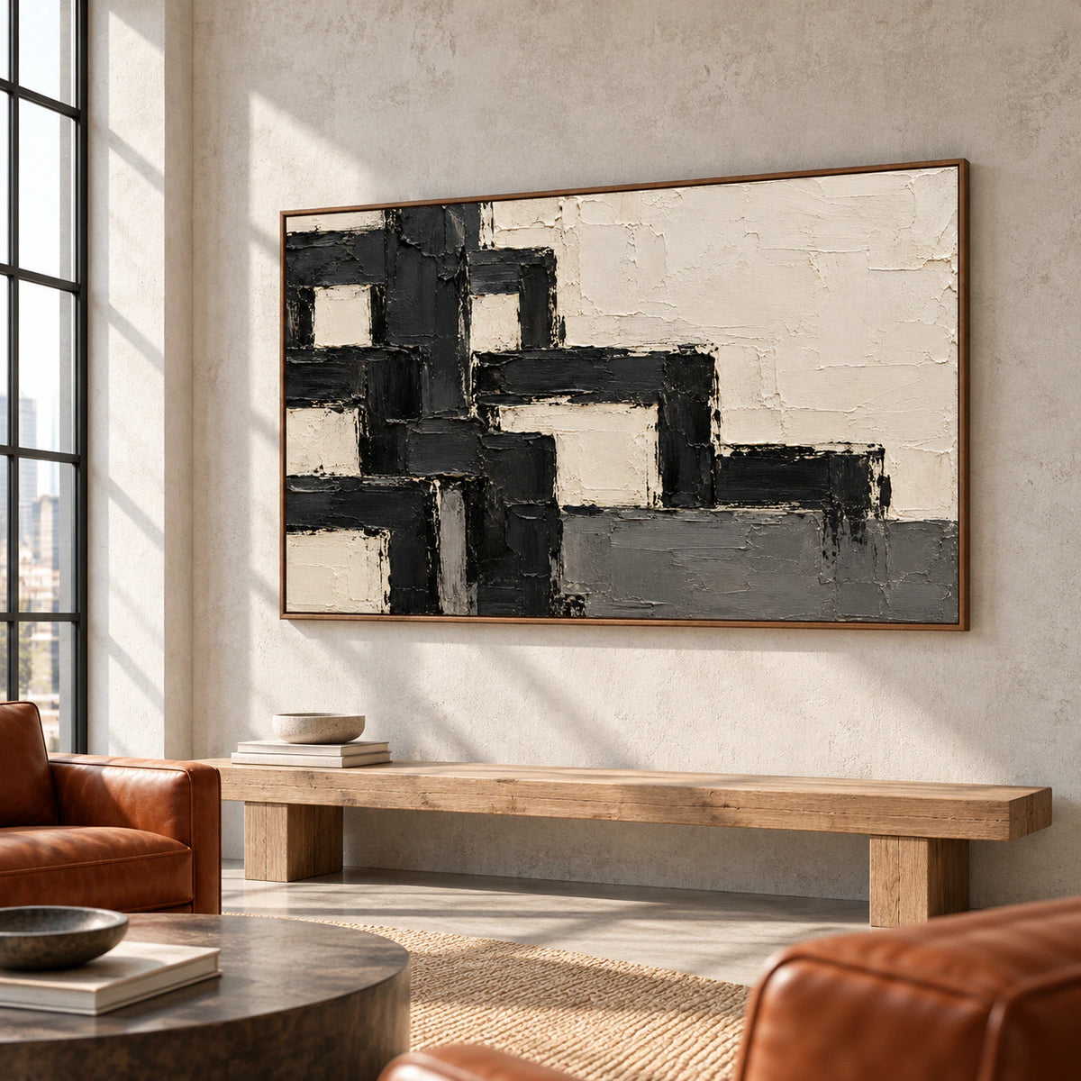 Large ivory and charcoal abstract painting above a long low bench, viewed from a low right angle in a lofty interior with rust-colored leather chairs and factory windows.
