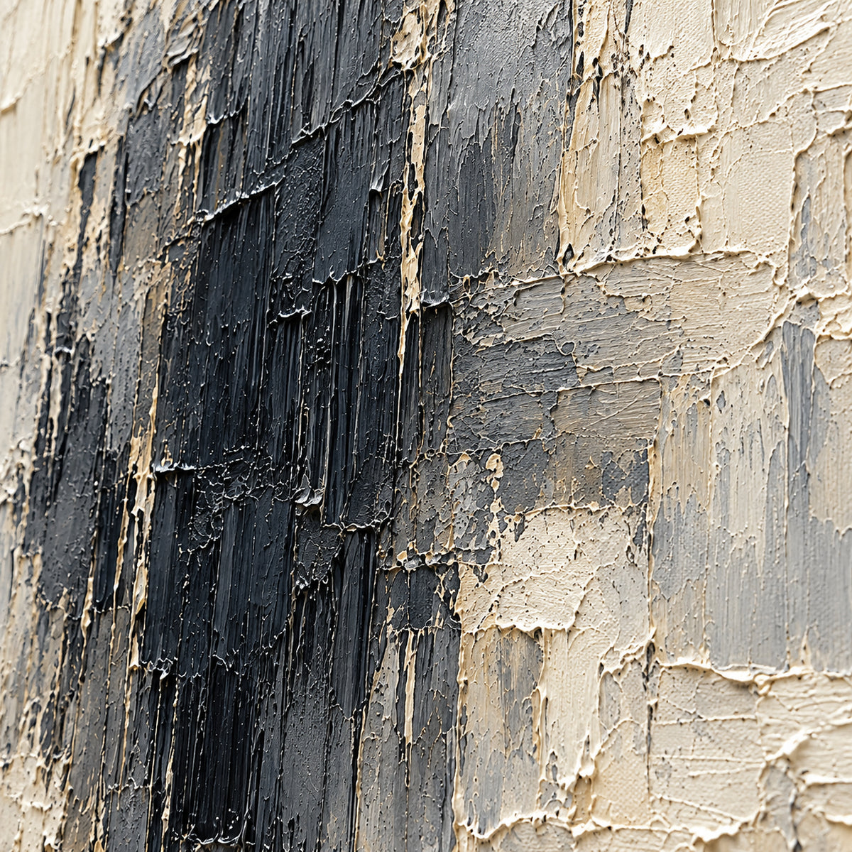 Obsidian-Pillars oil painting surface in a square close-up from an oblique side angle, with grazing light revealing raised paint and scraped ridges.