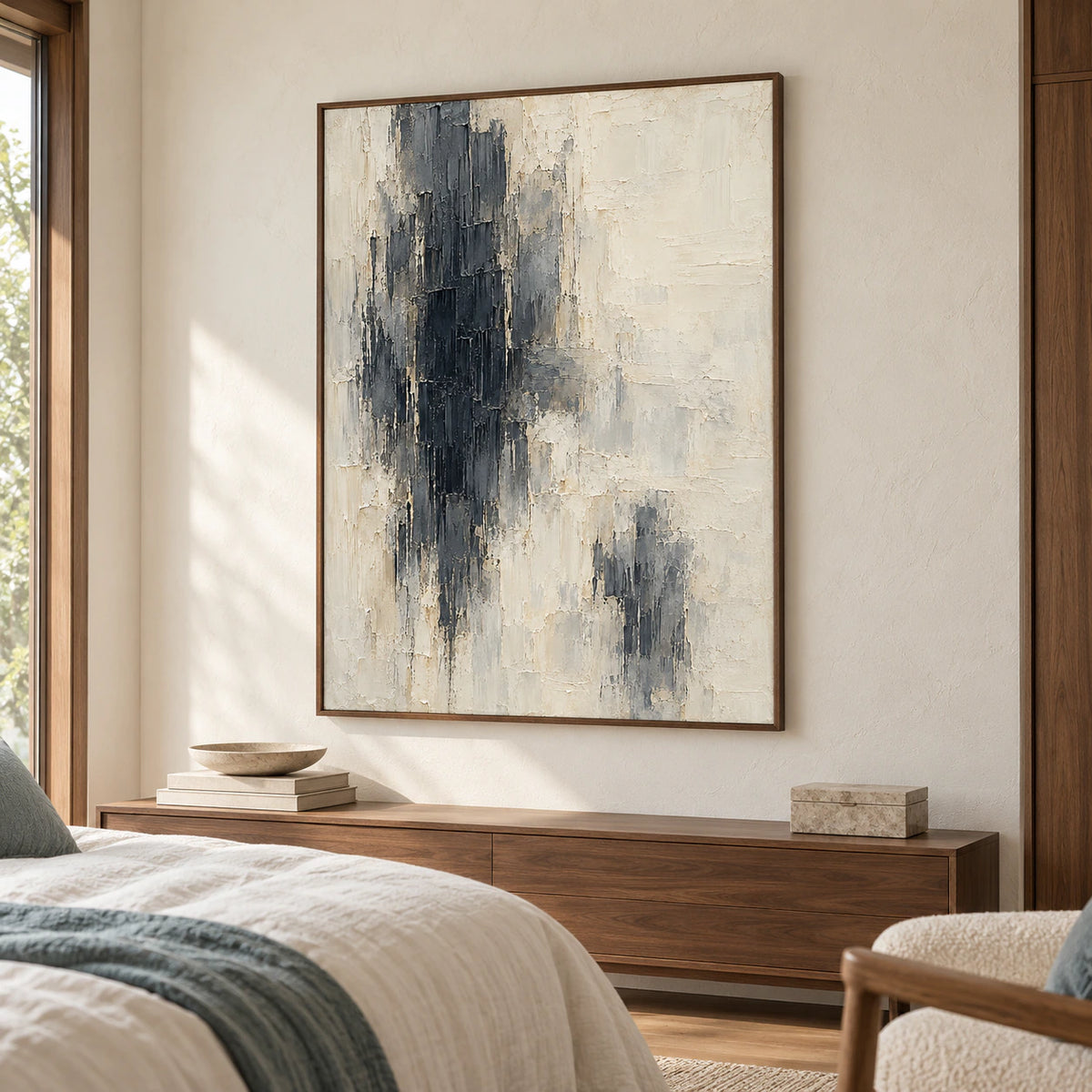 Obsidian-Pillars above a low bedroom console with white linen, a muted blue-green accent, and light oak details, viewed from an elevated right angle.
