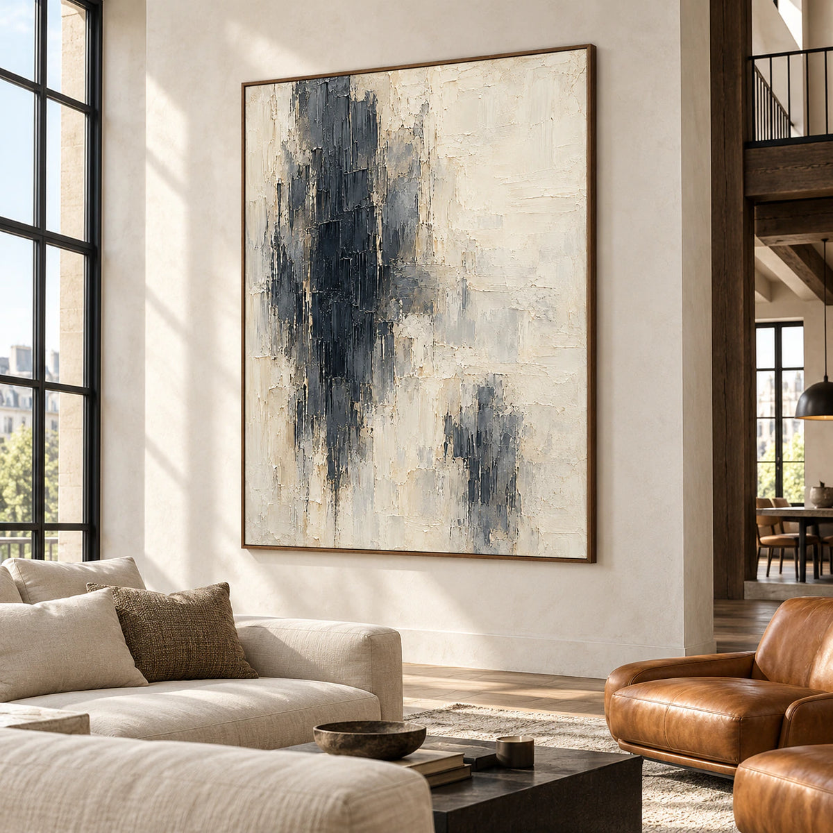 Obsidian-Pillars on a warm white masonry wall in a loft lounge with low cognac leather seating, dark metal accents, and industrial windows, viewed from a low right angle.