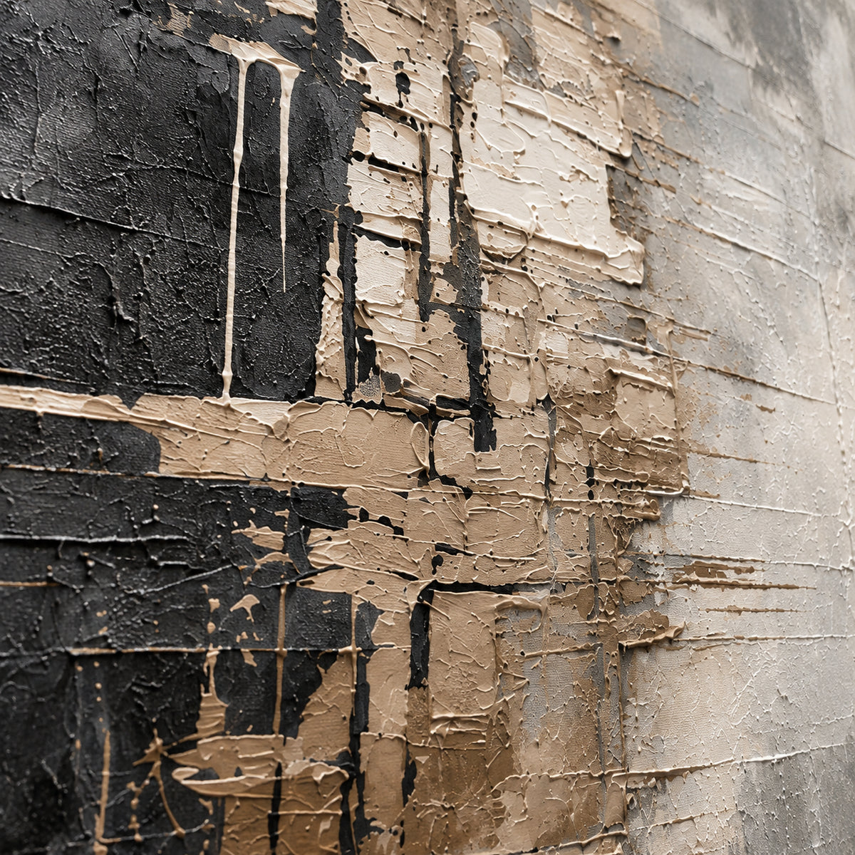 Obsidian-Plaster oil painting brushwork and impasto detail photographed from an oblique side angle