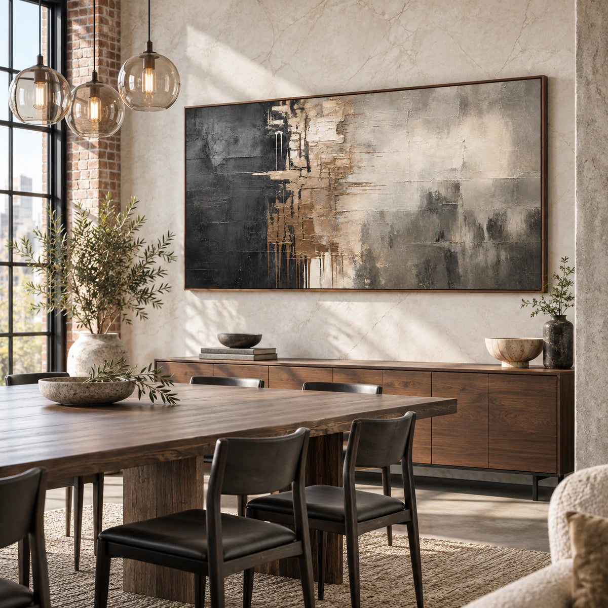 Obsidian-Plaster anchoring a refined daylight dining room.