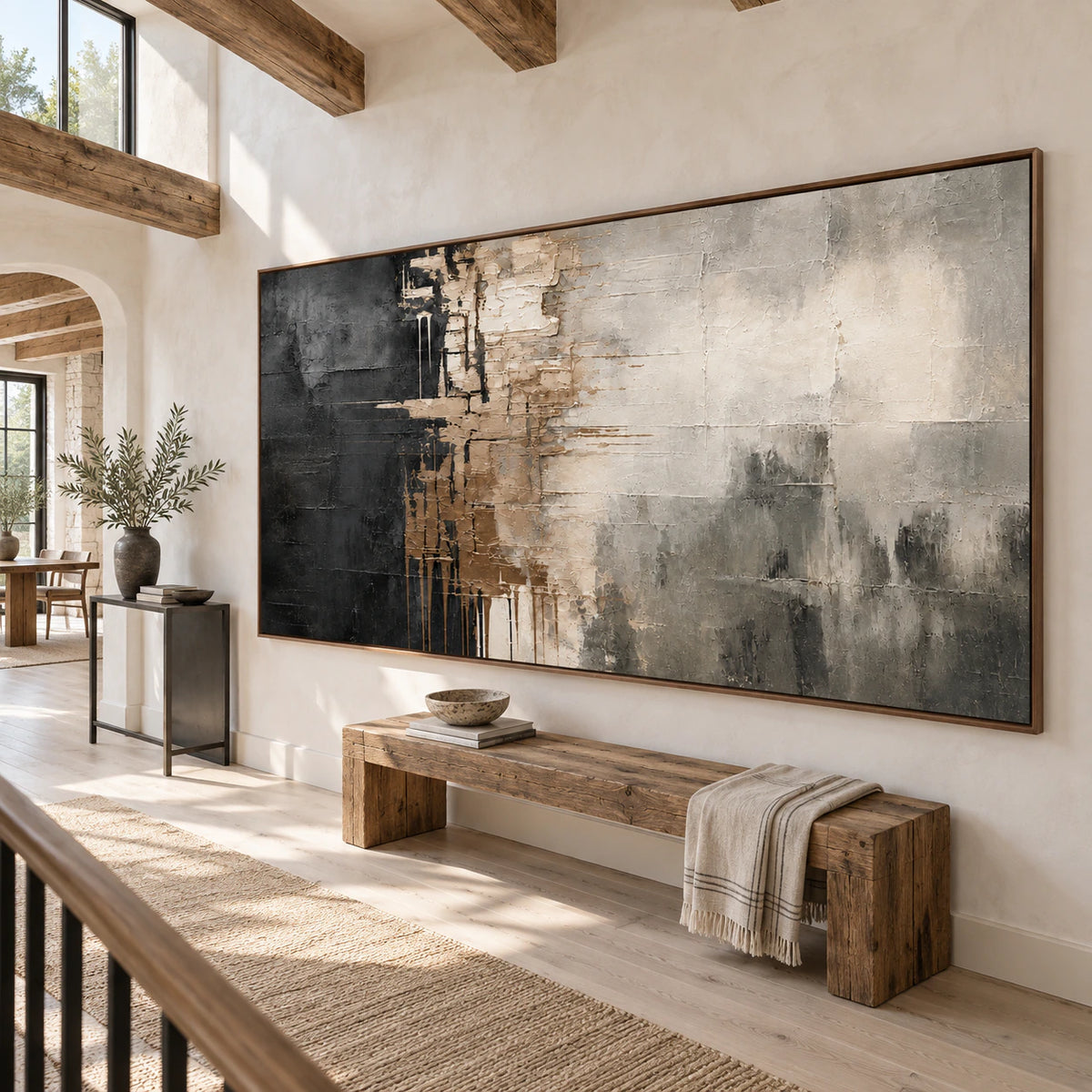 Obsidian-Plaster presented at gallery scale in a daylight foyer.