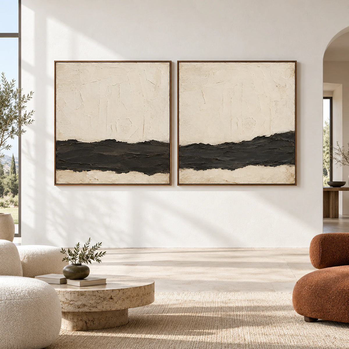 Large straight-on gallery room with the Obsidian-Quiet ivory and black diptych in slim walnut frames.