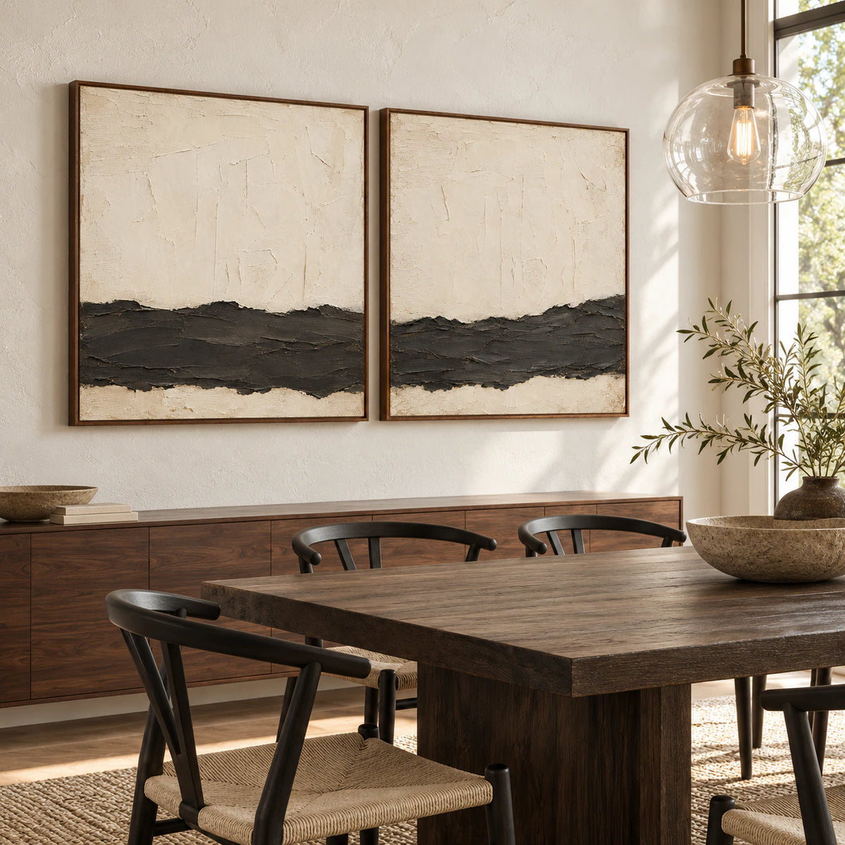 Refined dining room with the Obsidian-Quiet diptych displayed side by side in walnut frames.
