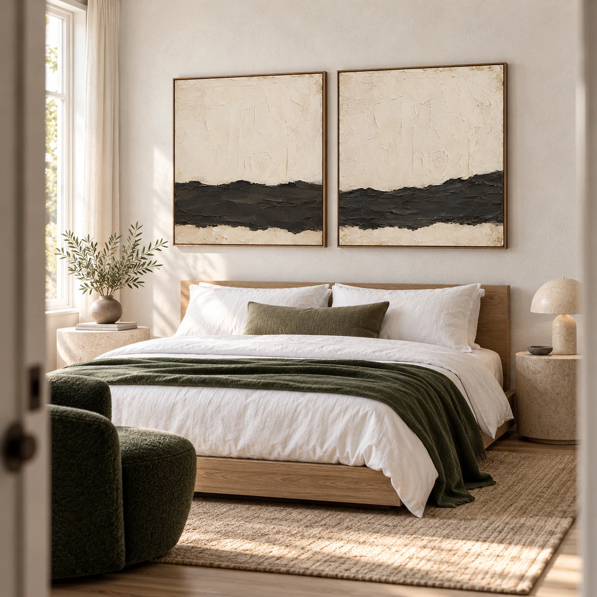 Quiet bedroom with the ivory and black Obsidian-Quiet diptych as the focal artwork.