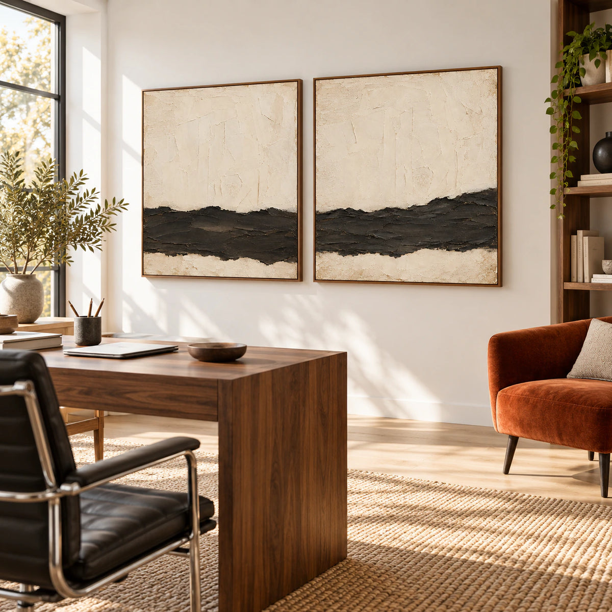 Airy reading office featuring the textured two-canvas Obsidian-Quiet diptych.