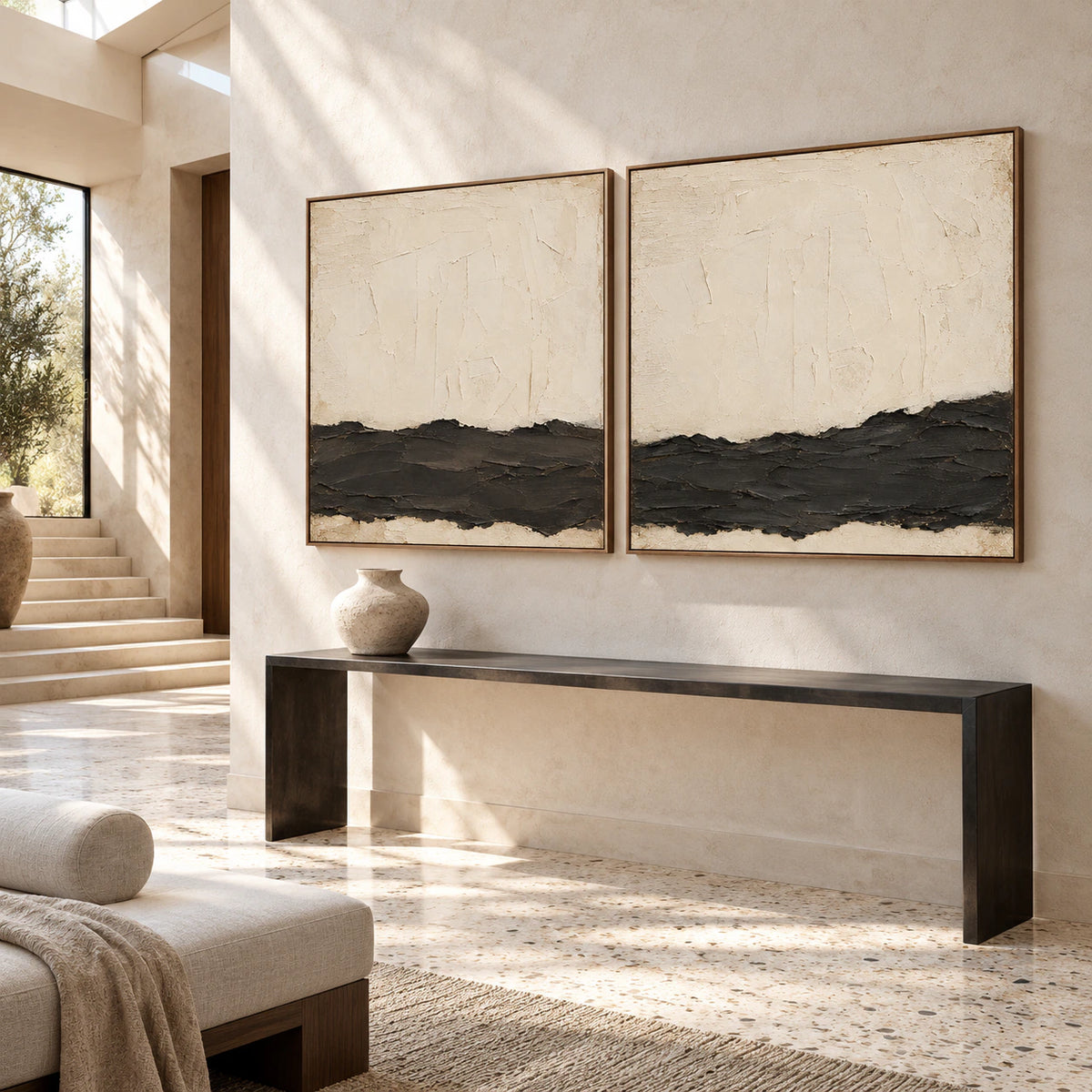Gallery-scale foyer with the Obsidian-Quiet diptych in a bright architectural setting.
