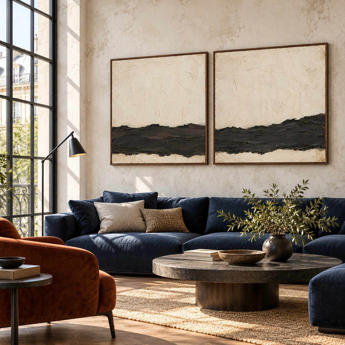 Expansive loft hospitality interior featuring the large Obsidian-Quiet two-piece artwork.