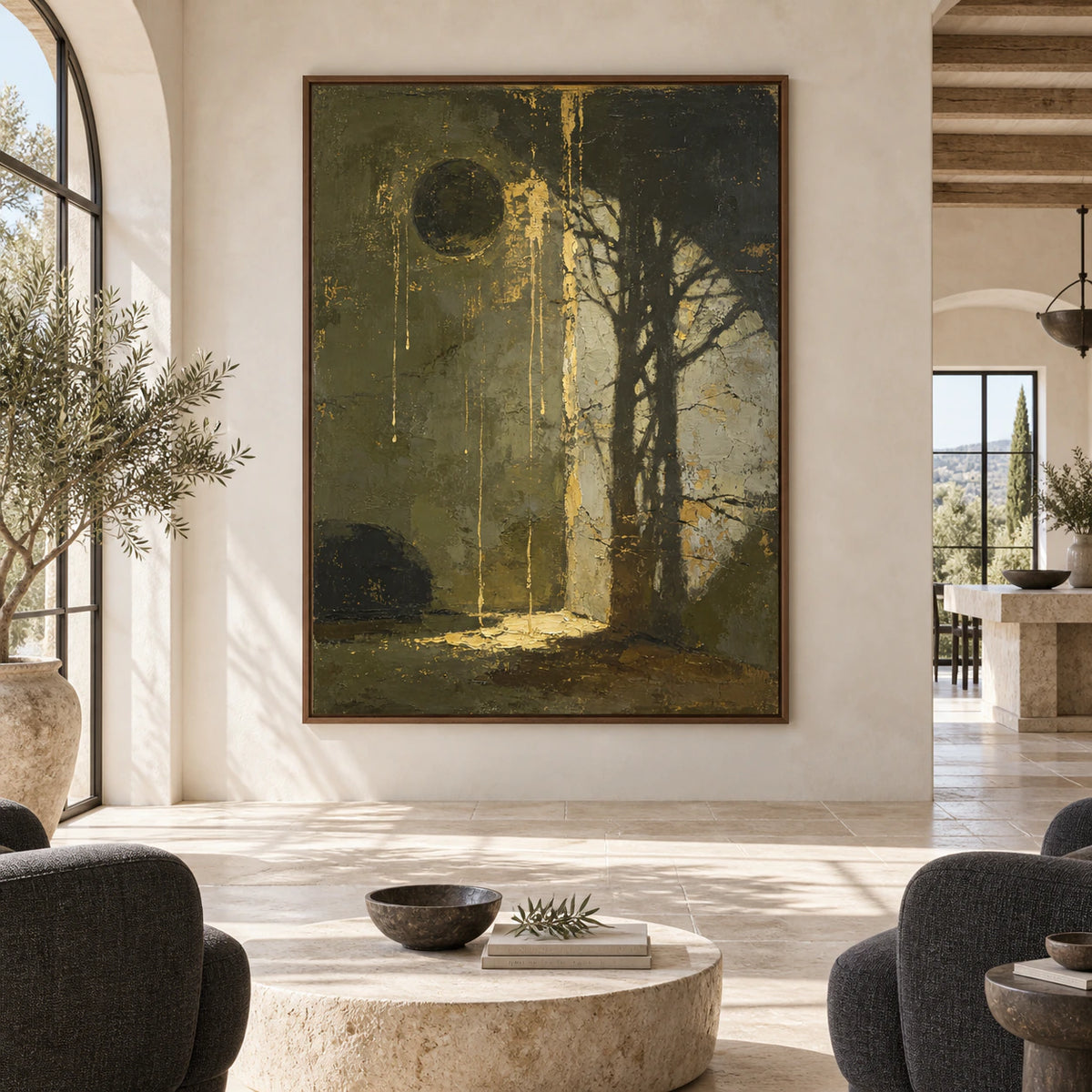 Large vertical olive, black and ochre abstract painting displayed straight-on in a spacious daylight interior.