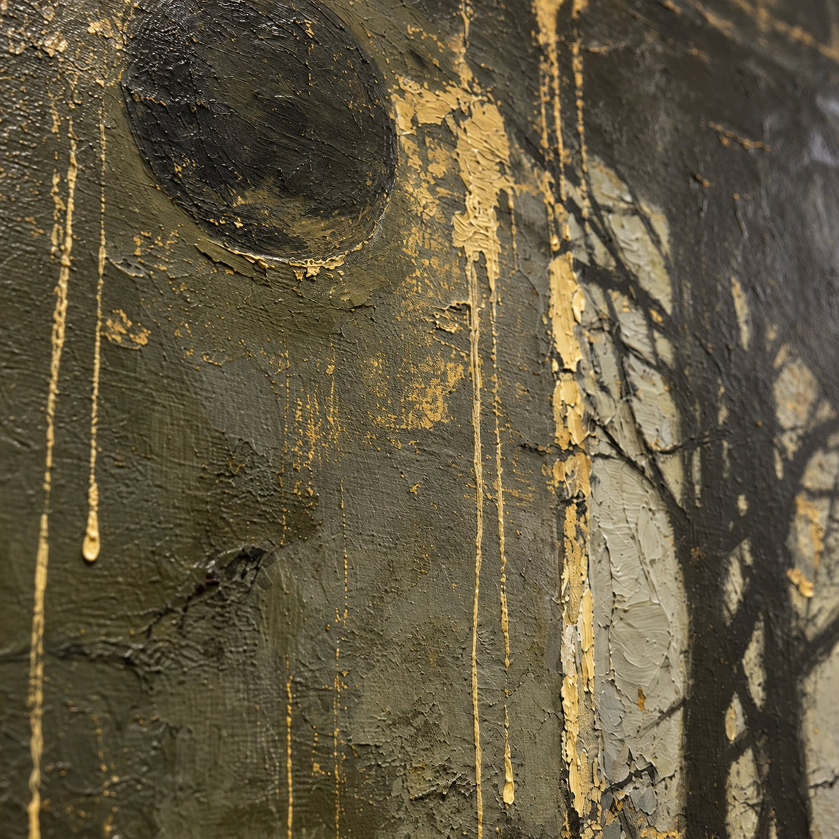 Obsidian-Relic oil painting brushwork and impasto detail photographed from an oblique side angle