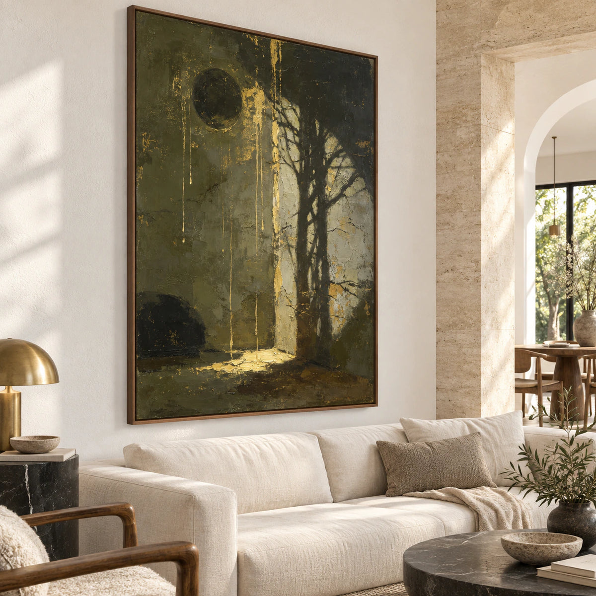Large vertical textured abstract painting above a restrained sofa in a bright living room.