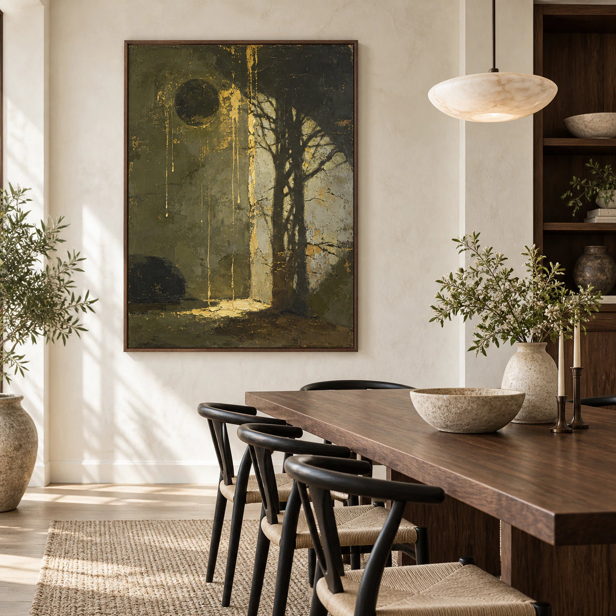 Olive and ochre textured abstract painting anchoring a refined daylight dining room.