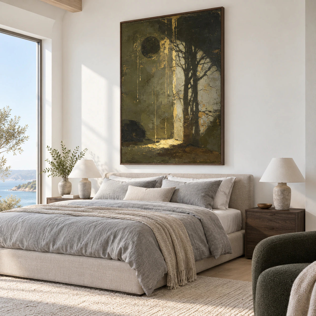 Large dark olive abstract painting in a quiet, softly lit bedroom.