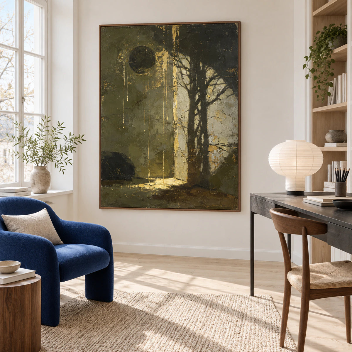 Vertical textured abstract painting in an airy reading and home-office space.