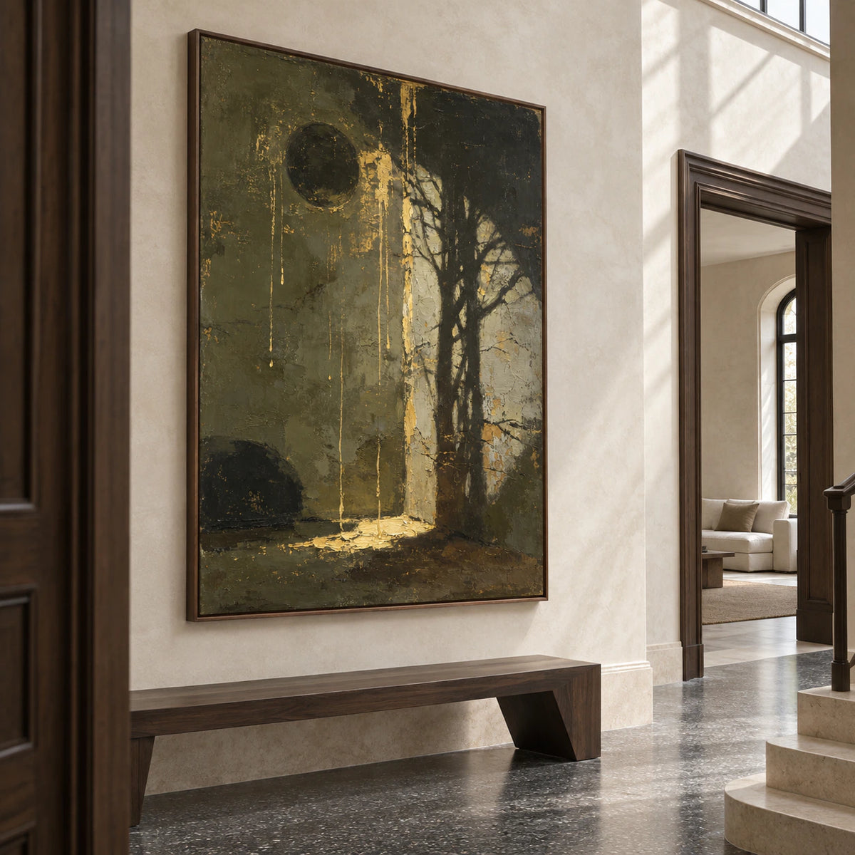 Gallery-scale olive and charcoal abstract painting in a bright architectural foyer.