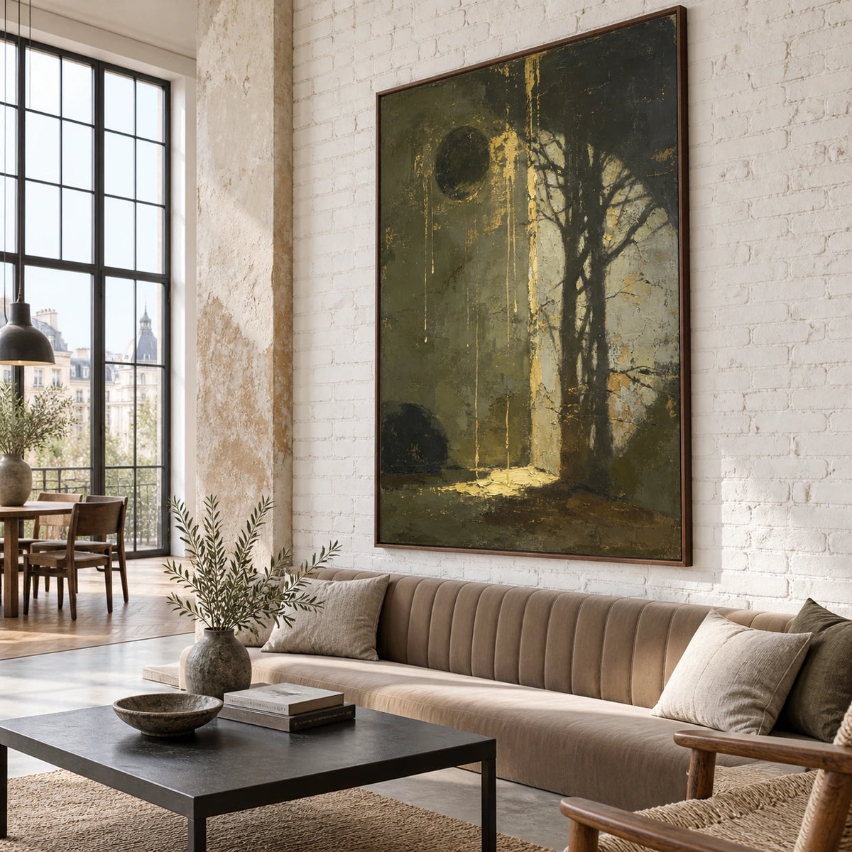 Large vertical olive, black and ochre painting in an expansive loft hospitality interior.
