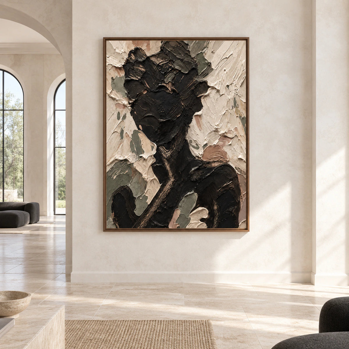 Large vertical Obsidian-Reverie painting displayed straight-on in a spacious daylight-filled interior.