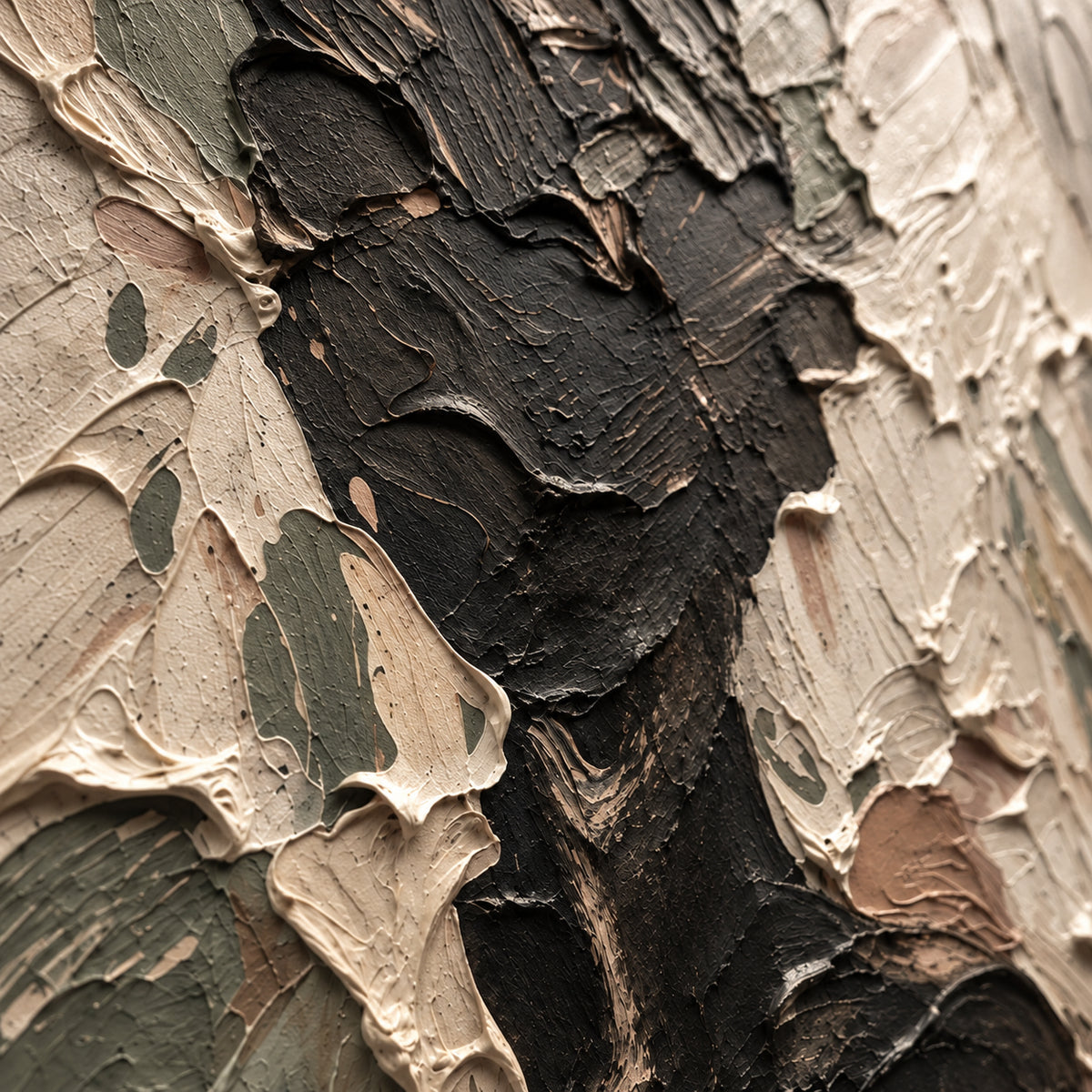 Obsidian-Reverie oil painting brushwork and impasto detail photographed from an oblique side angle
