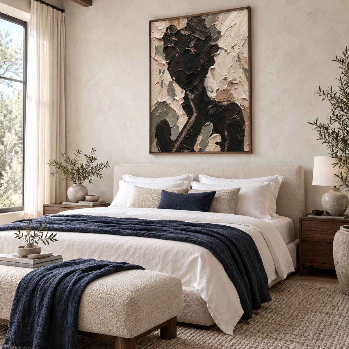 Obsidian-Reverie as a tactile focal point in a quiet bright bedroom.