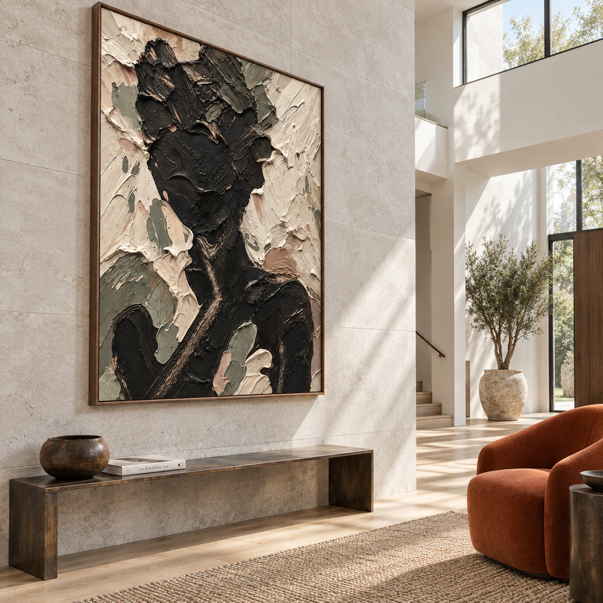 Obsidian-Reverie at large scale in a bright gallery-like foyer.