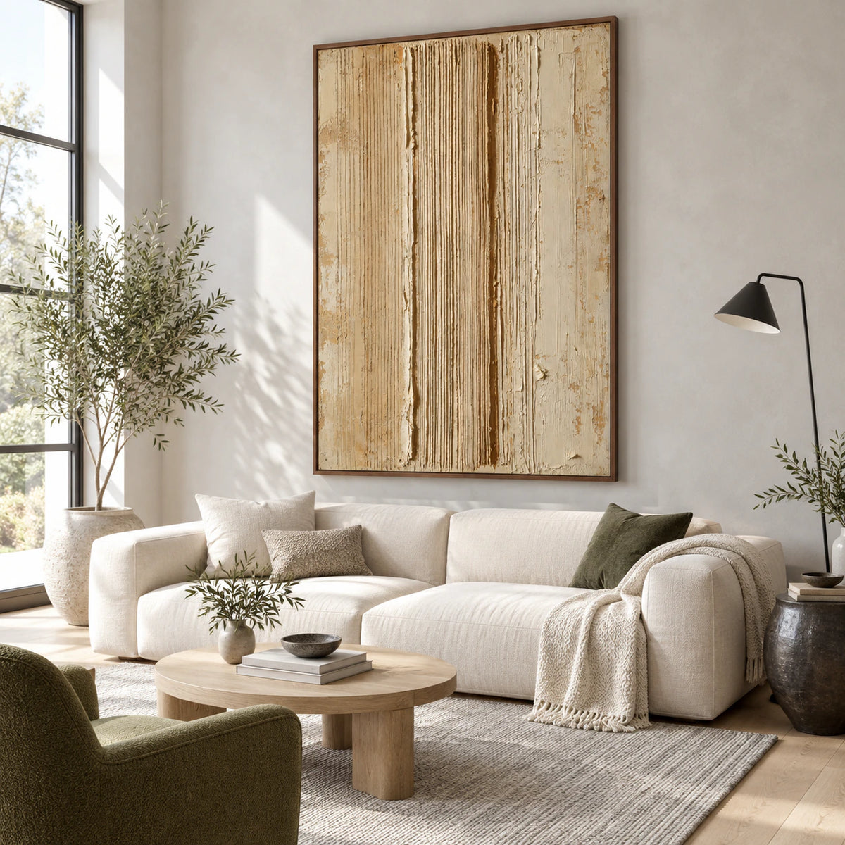 Ocher-Channel as the focal point above a restrained sofa in a bright living room.