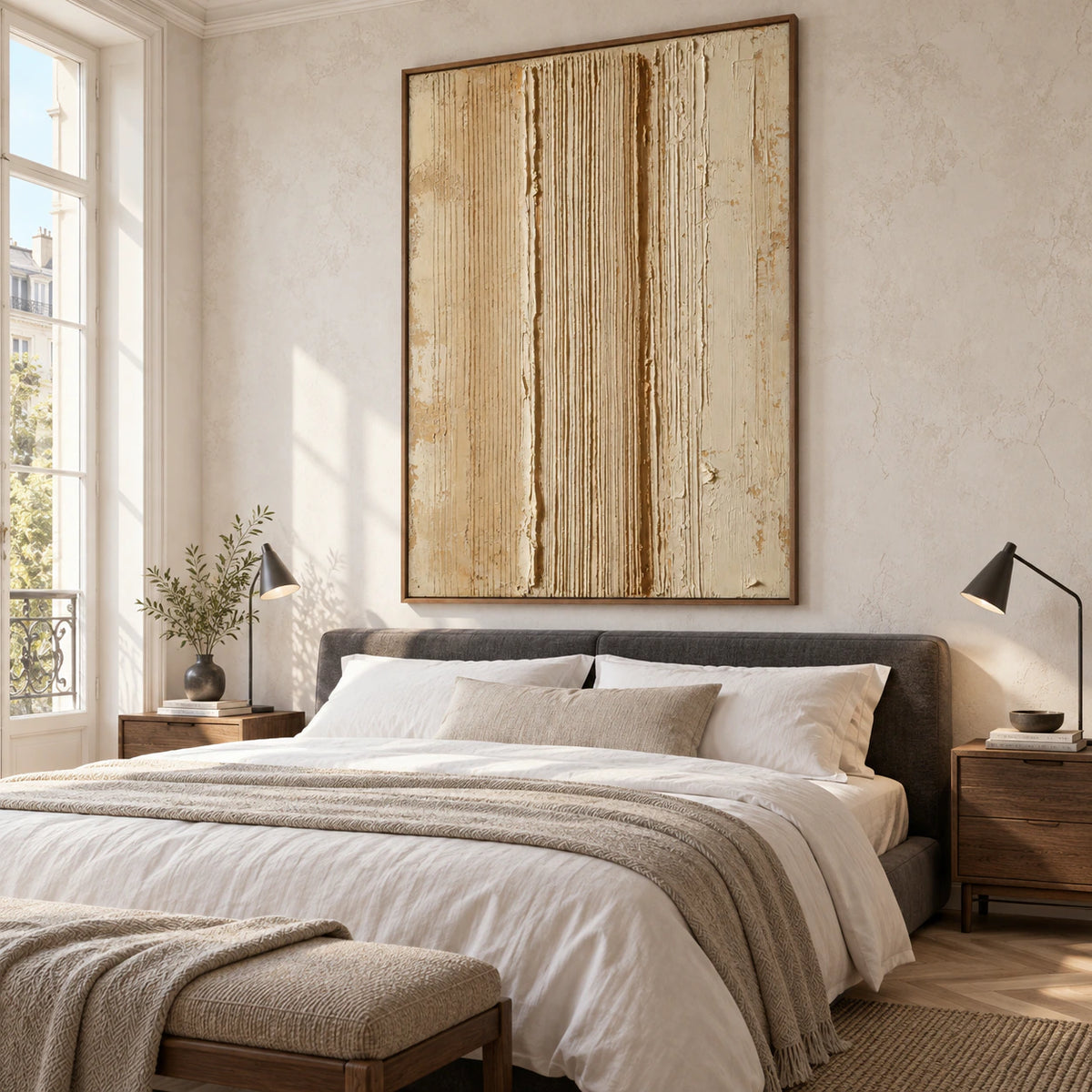 Ocher-Channel bringing tactile vertical rhythm to a quiet, light-filled bedroom.