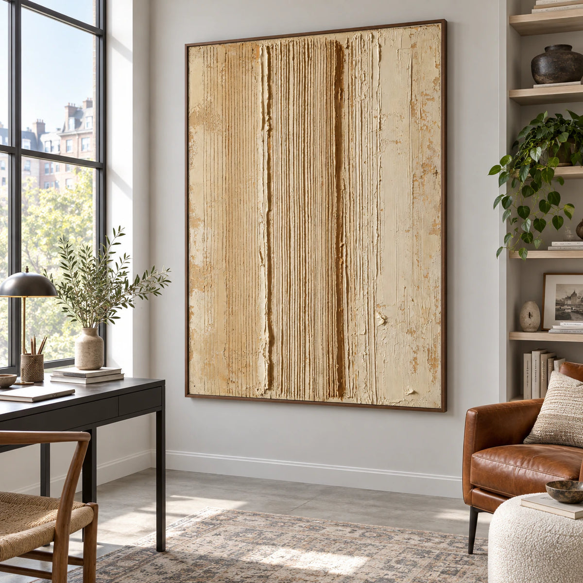 Ocher-Channel as a large focal artwork in an airy home office reading space.