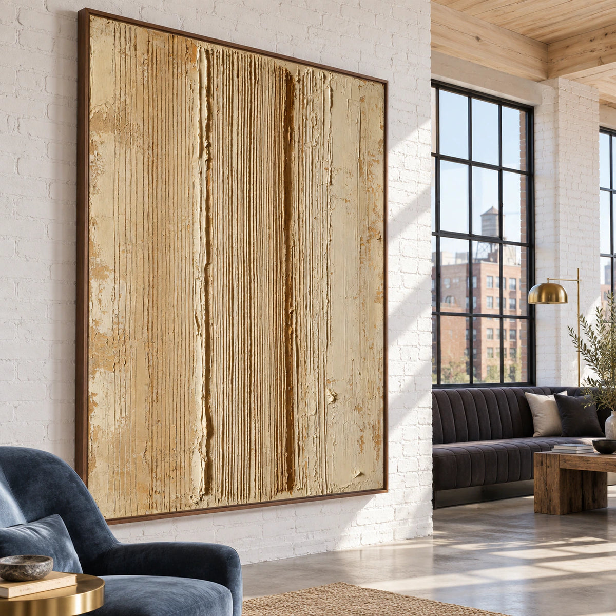 Ocher-Channel displayed prominently in an expansive, naturally lit loft hospitality interior.