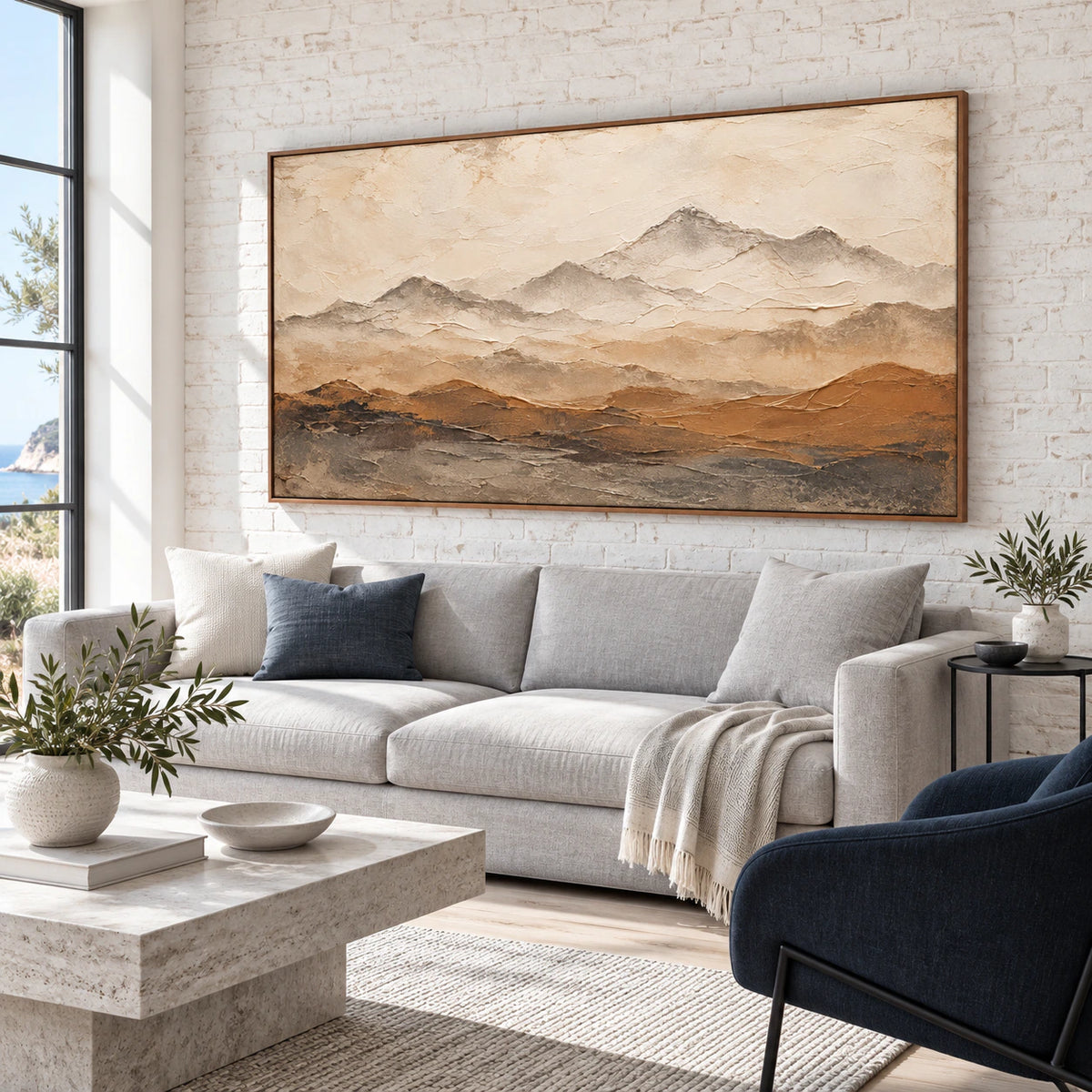Ochre-Altitude above a restrained sofa in a bright contemporary living room.