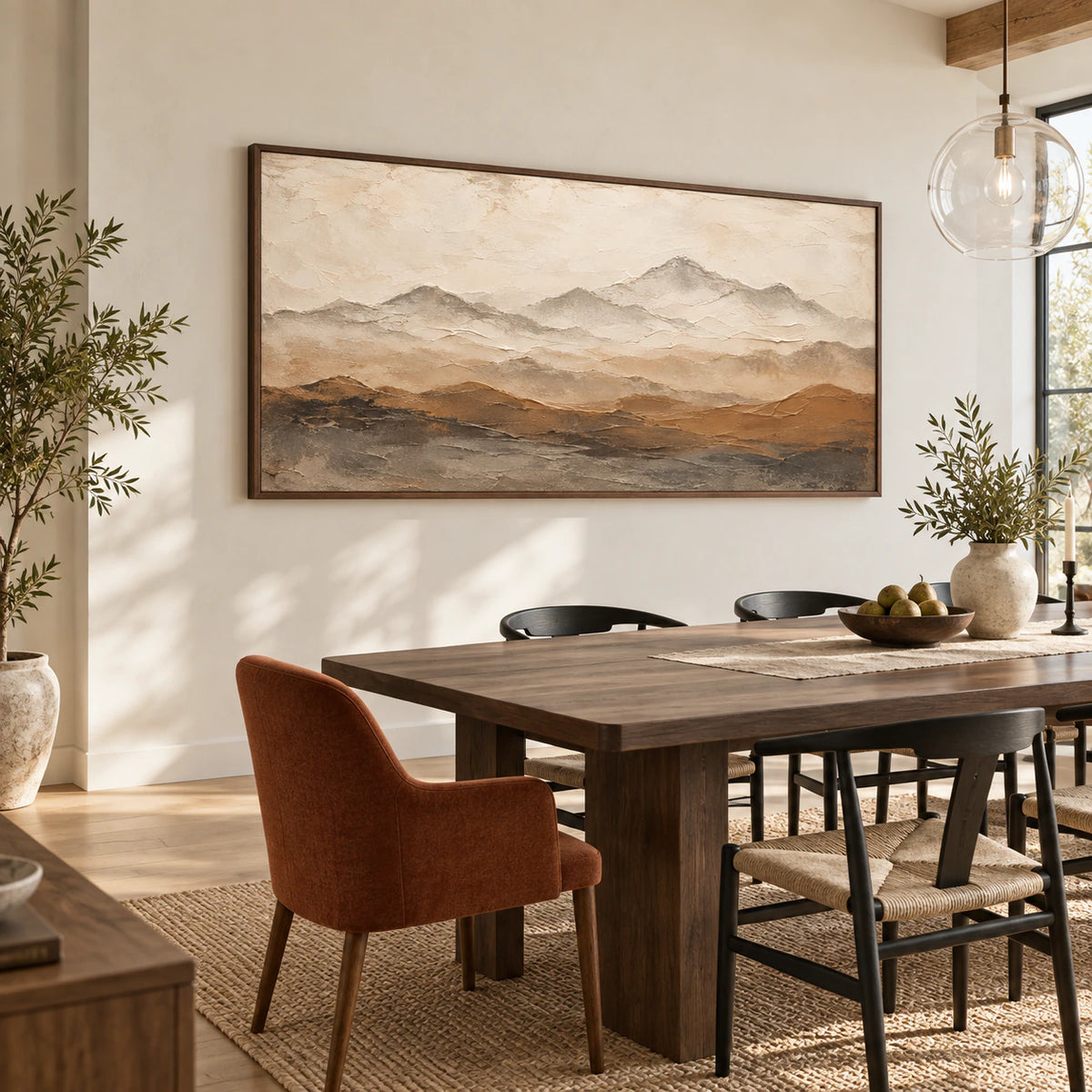 Ochre-Altitude as a large focal point in a refined daylight-filled dining room.