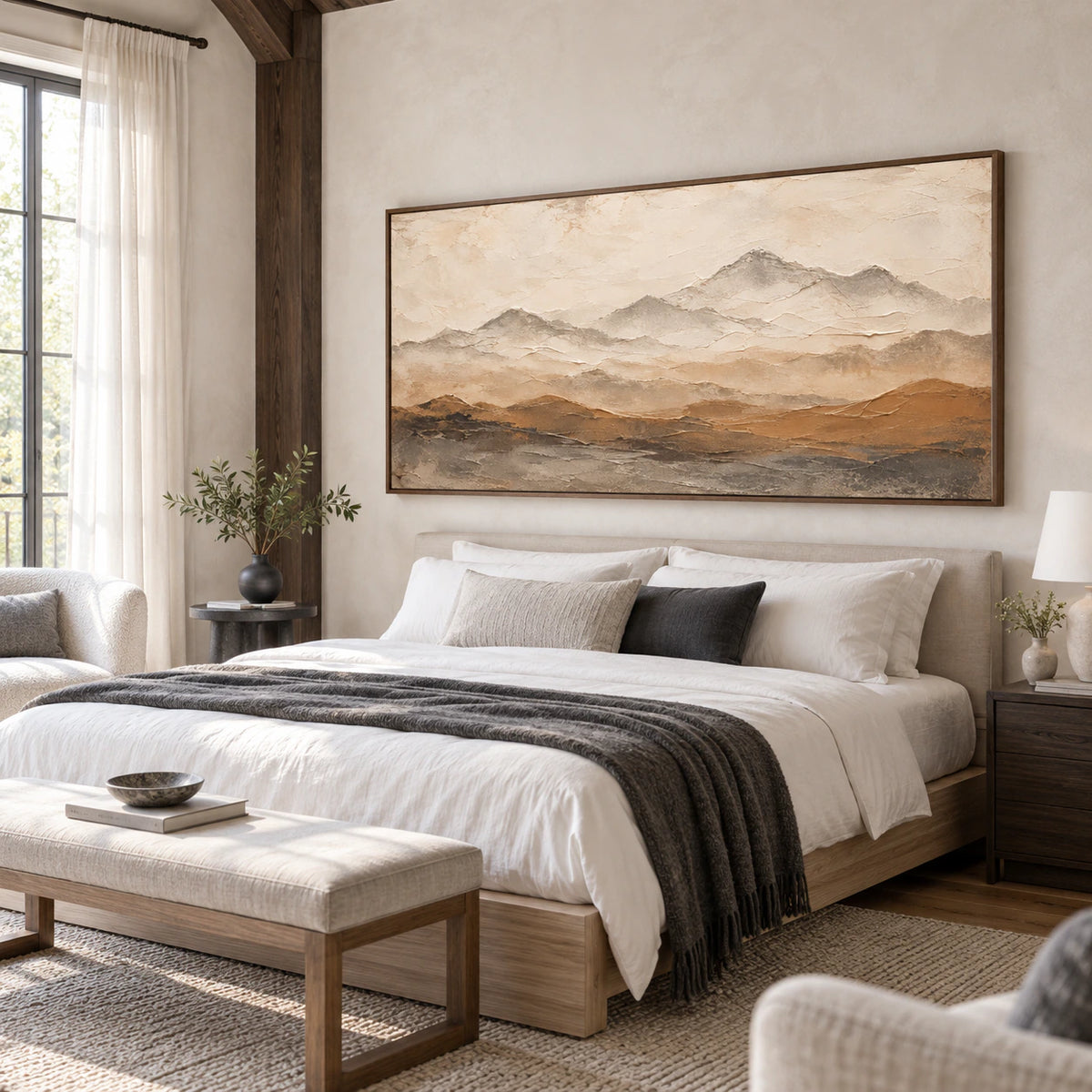 Ochre-Altitude above a low bed in a quiet, naturally lit bedroom.